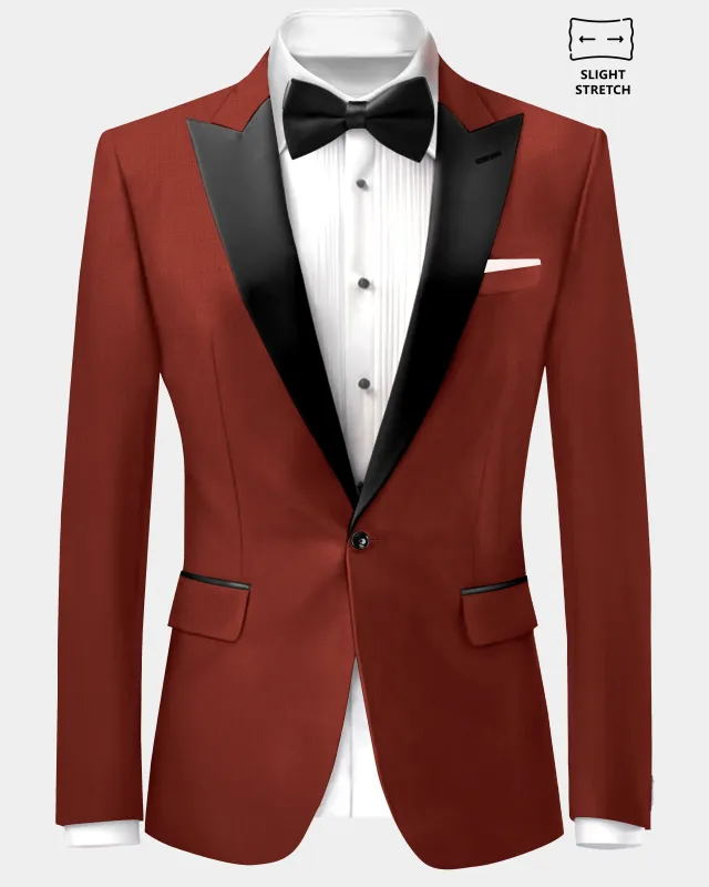 Inferno Rust-Brick Red Solid Wool Rich Peak Lapel Slight Stretch Tuxedo Blazer made by French Crown