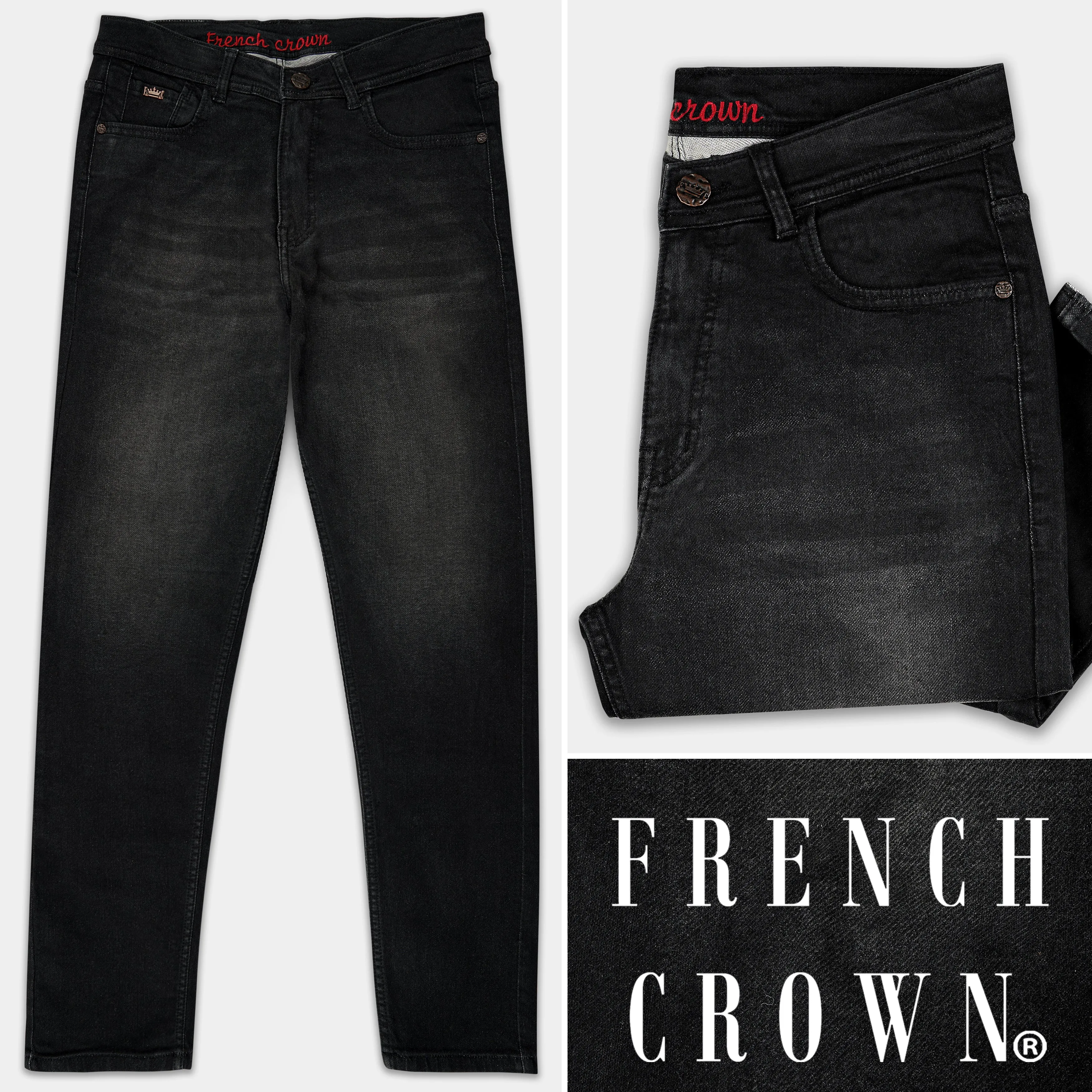 Zeus Dark Black Whiskering Wash Stretchable Denim sold by French Crown