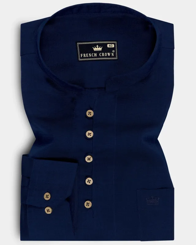 Obsidian-Midnight Blue Luxurious Linen Casual Kurta Shirt made by French Crown