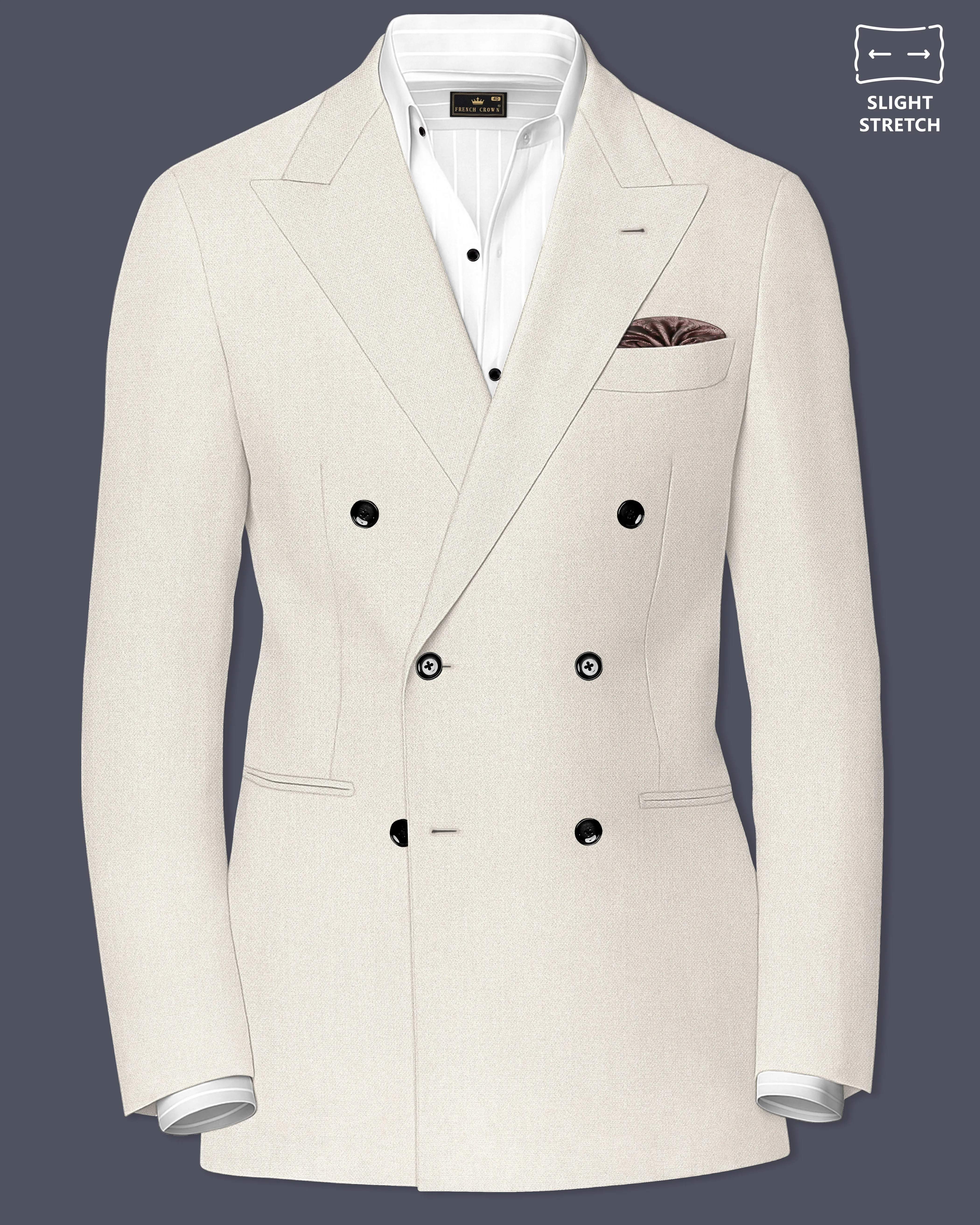 Ecru-Merino Off White Diamond Textured Wool Rich Slight Stretch Double Breasted Blazer sold by French Crown