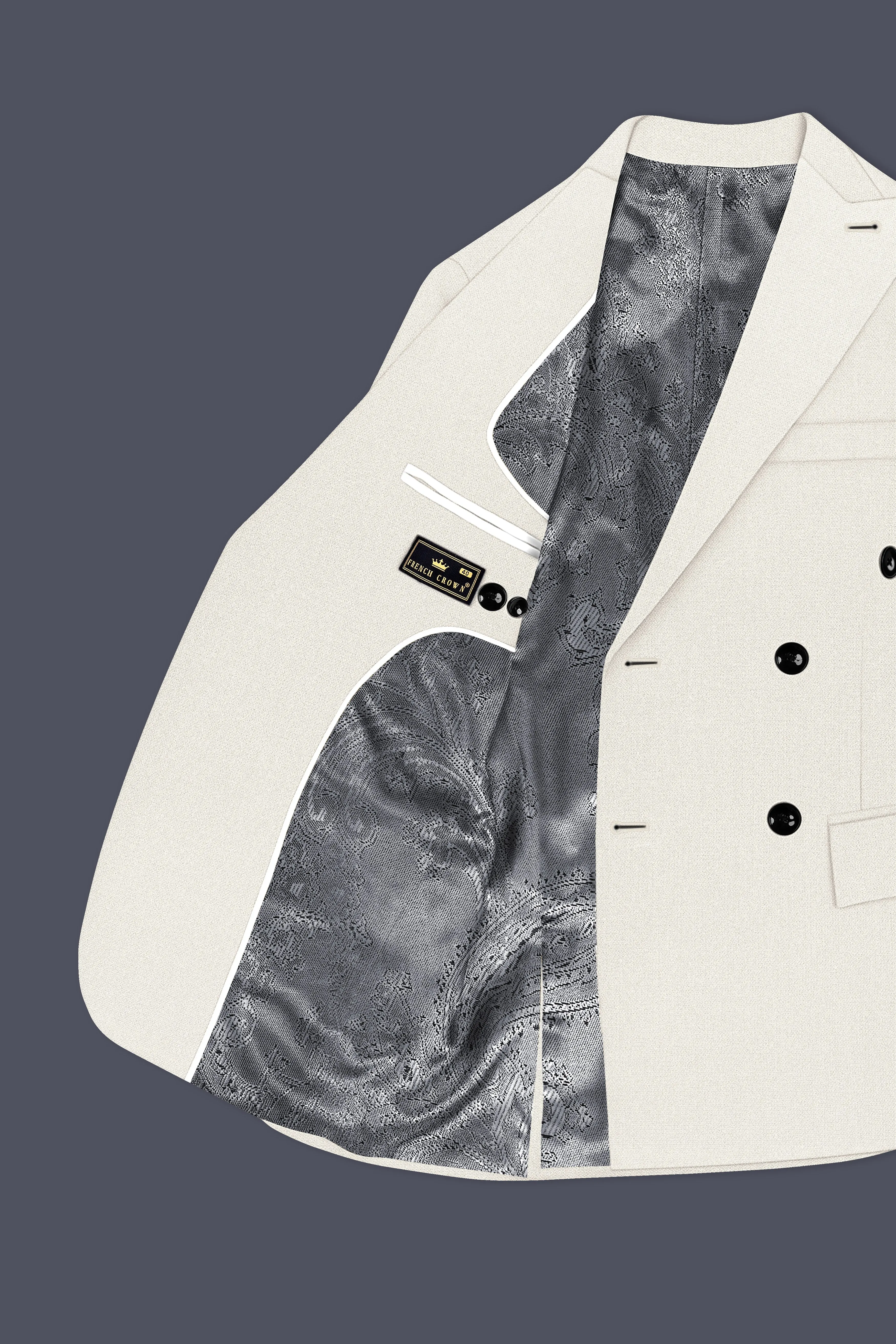 Ecru-Merino Off White Diamond Textured Wool Rich Slight Stretch Double Breasted Blazer sold by French Crown product image thumbnail 5