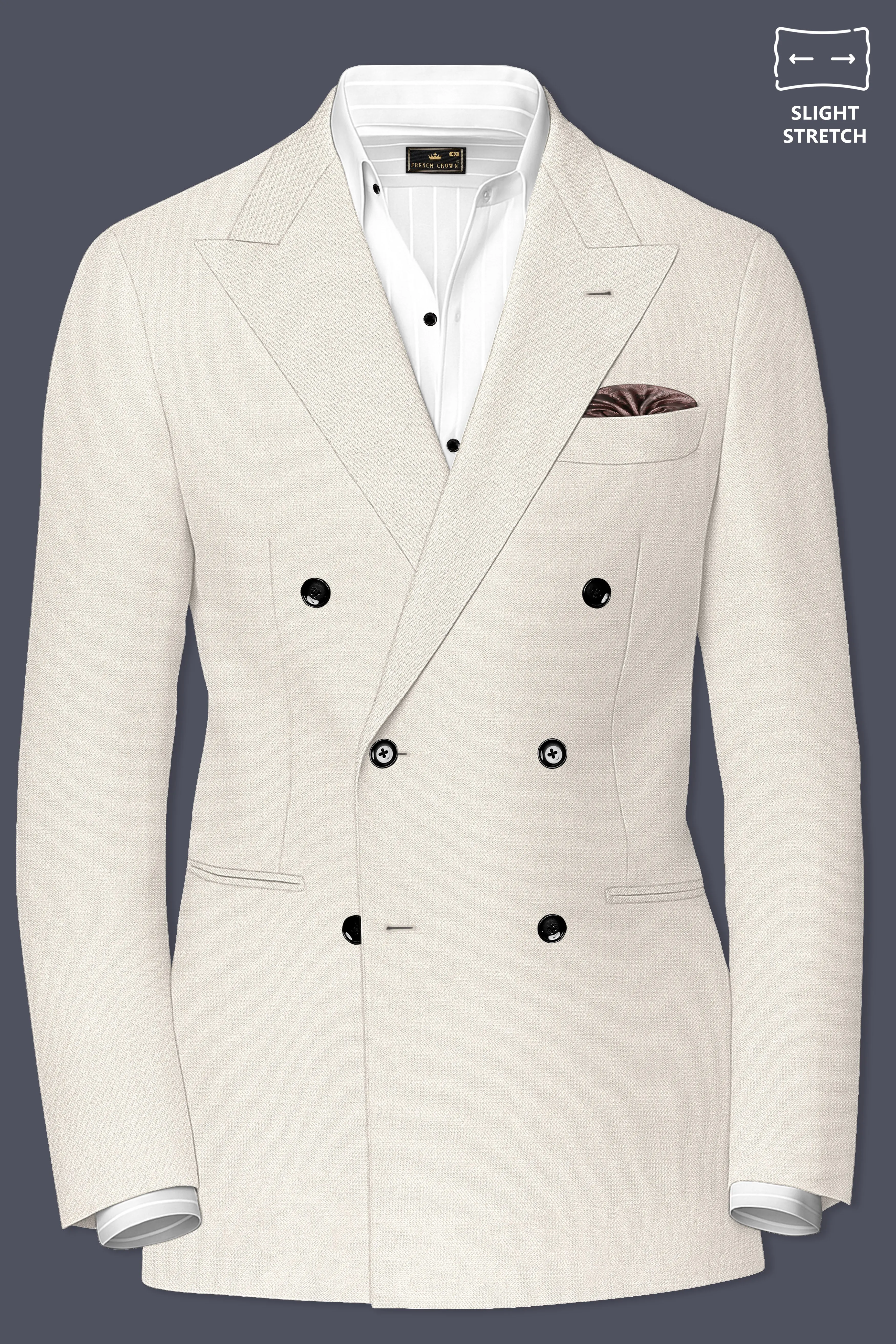 Ecru-Merino Off White Diamond Textured Wool Rich Slight Stretch Double Breasted Blazer sold by French Crown product image thumbnail 2