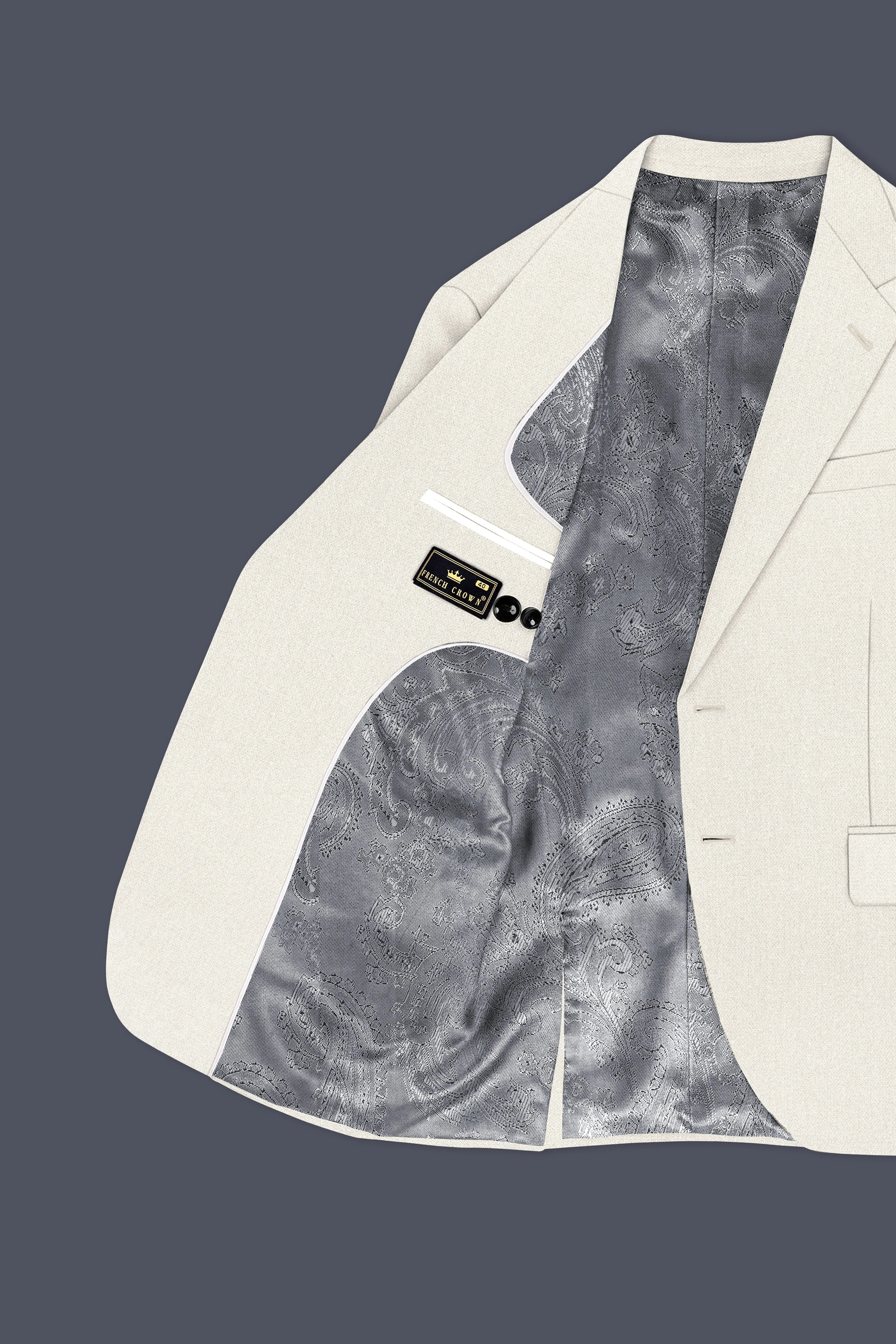 Ecru-Merino Off White Diamond Textured Wool Rich Slight Stretch Single Breasted Blazer sold by French Crown product image thumbnail 5