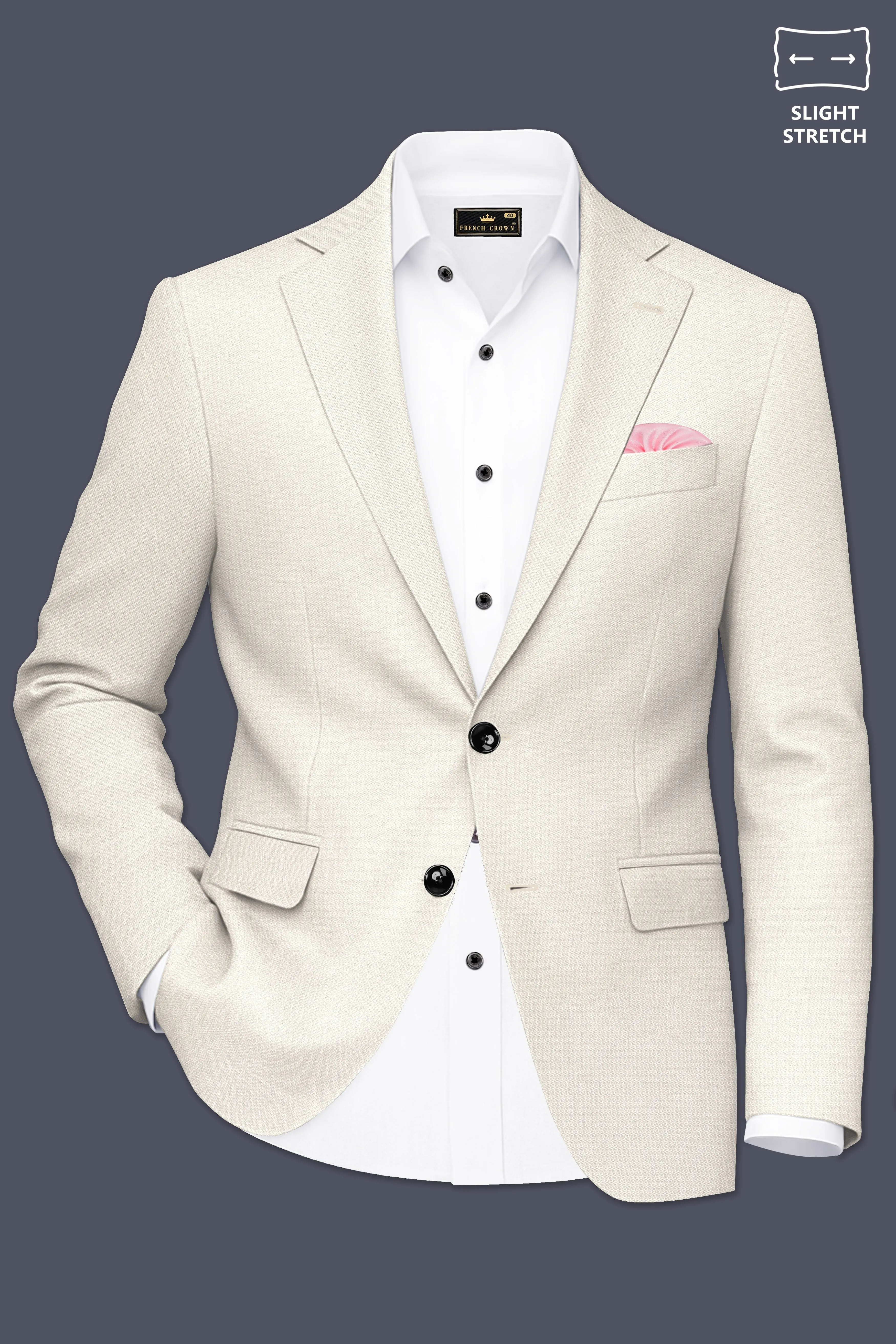 Ecru-Merino Off White Diamond Textured Wool Rich Slight Stretch Single Breasted Blazer sold by French Crown product image thumbnail 2
