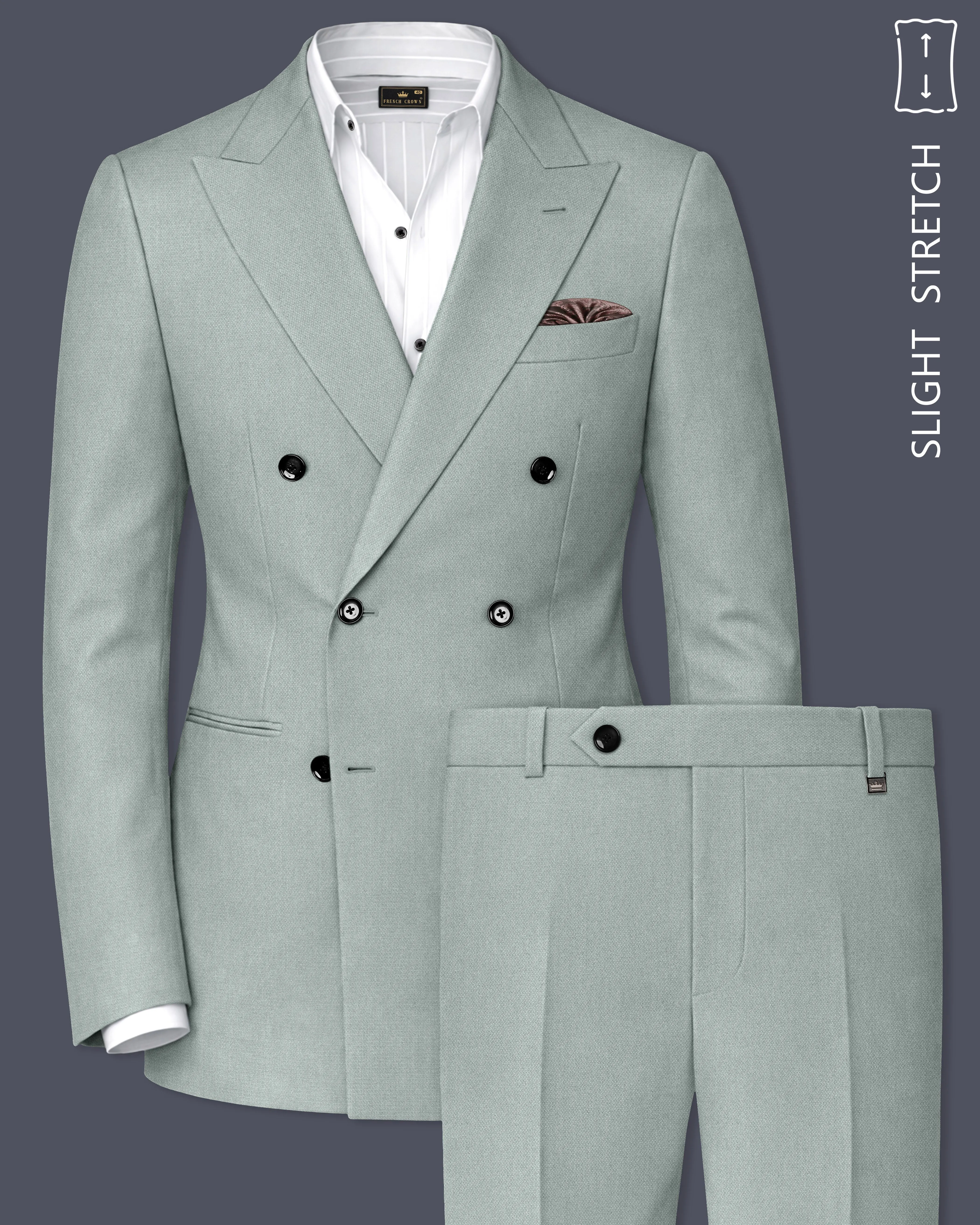 Sylvan-Cascade Green Diamond Textured Wool Rich Slight Stretch Double Breasted Suit sold by French Crown