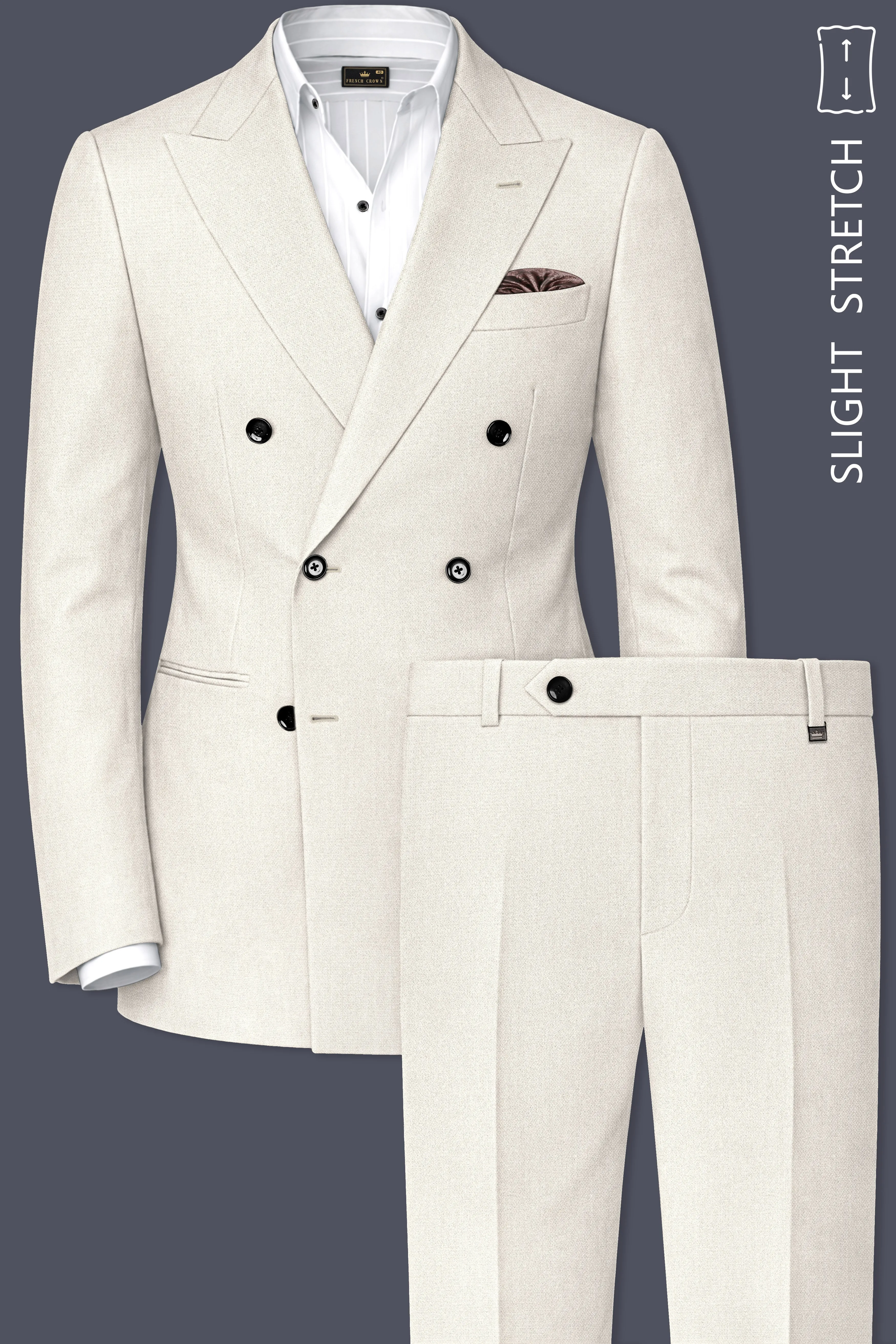 Ecru-Merino Off White Diamond Textured Wool Rich Slight Stretch Double Breasted Suit sold by French Crown product image thumbnail 2