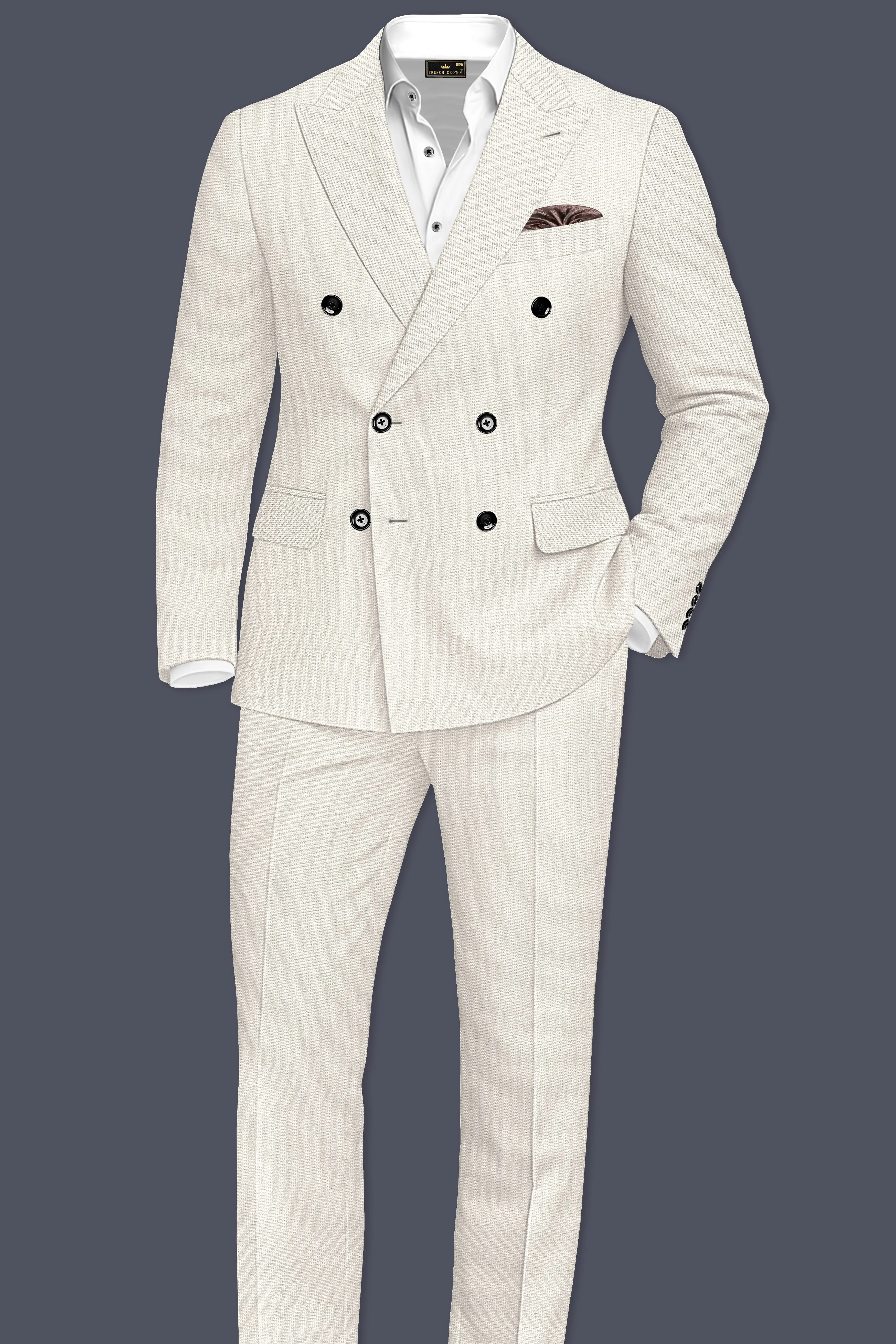 Ecru-Merino Off White Diamond Textured Wool Rich Slight Stretch Double Breasted Suit sold by French Crown product image thumbnail 4