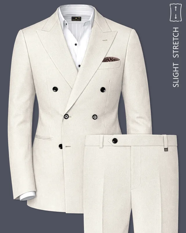 Ecru-Merino Off White Diamond Textured Wool Rich Slight Stretch Double Breasted Suit made by French Crown