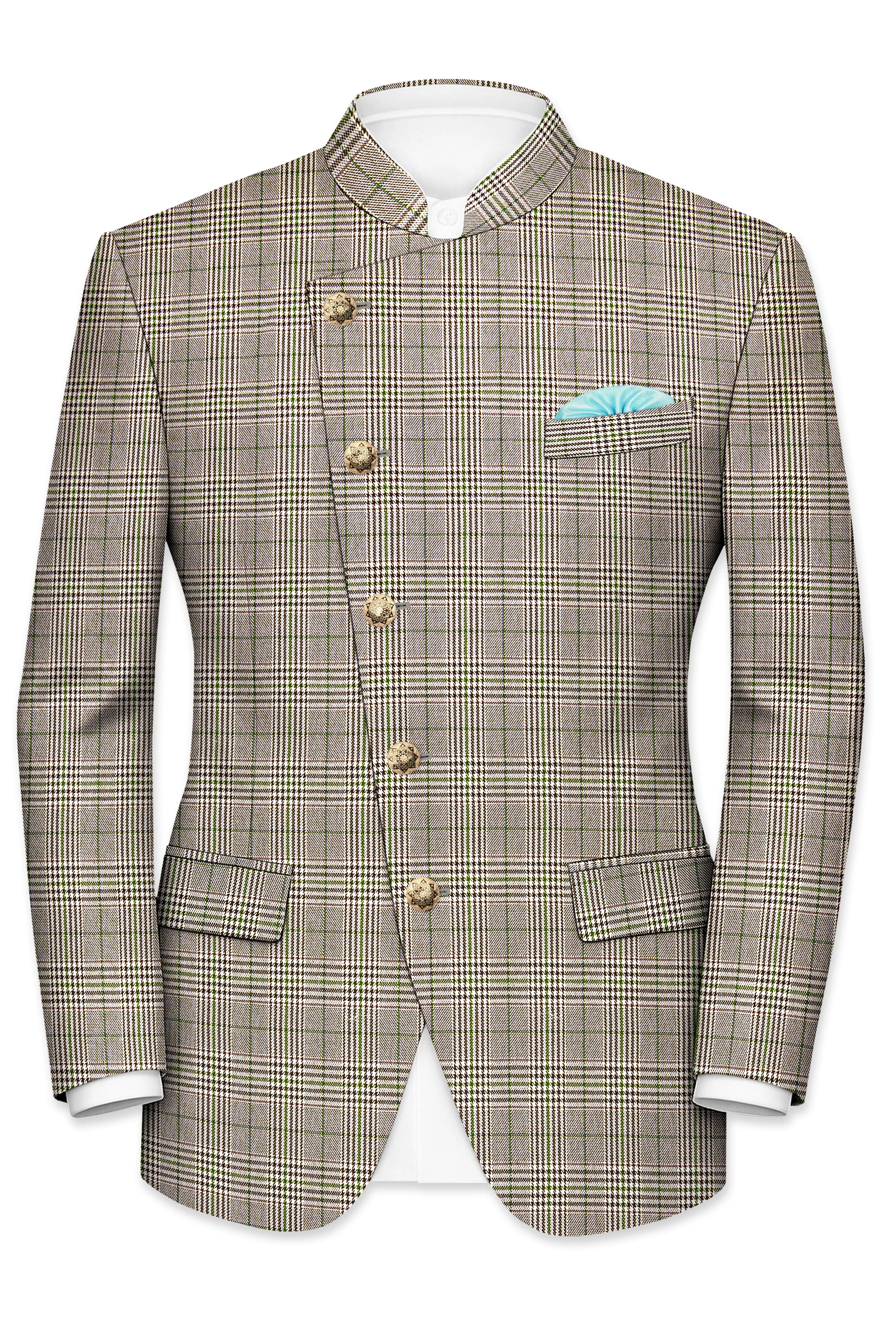 Nawab-Tundora Brown Plaid Wool Rich Cross Placket Bandhgala Blazer sold by French Crown product image thumbnail 2