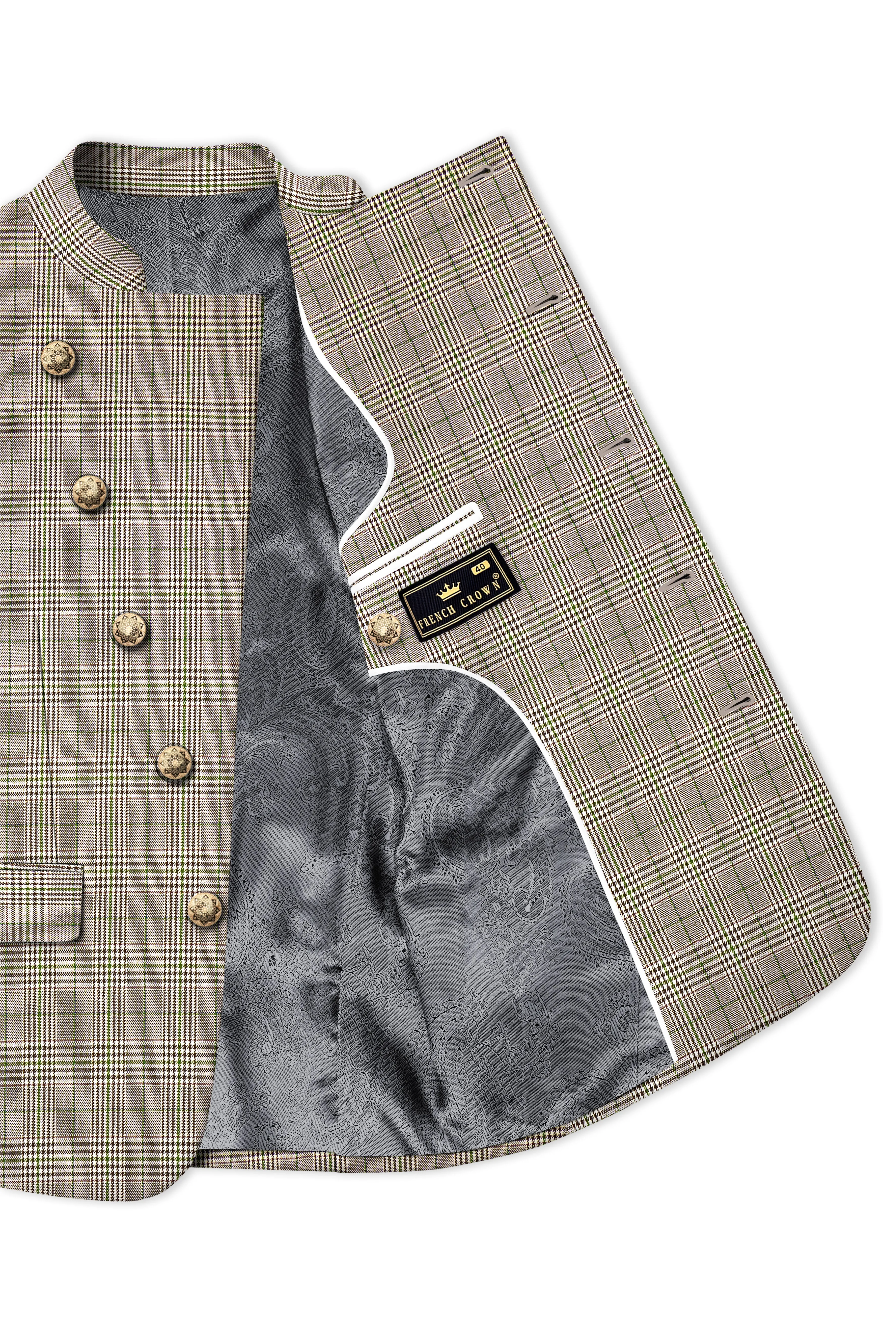 Nawab-Tundora Brown Plaid Wool Rich Cross Placket Bandhgala Blazer sold by French Crown product image thumbnail 4