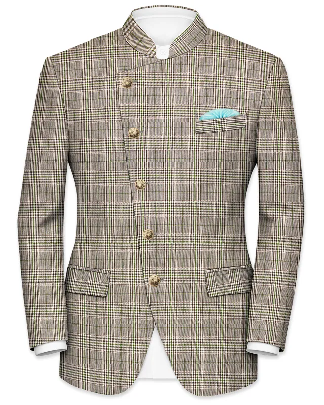 Nawab-Tundora Brown Plaid Wool Rich Cross Placket Bandhgala Blazer made by French Crown
