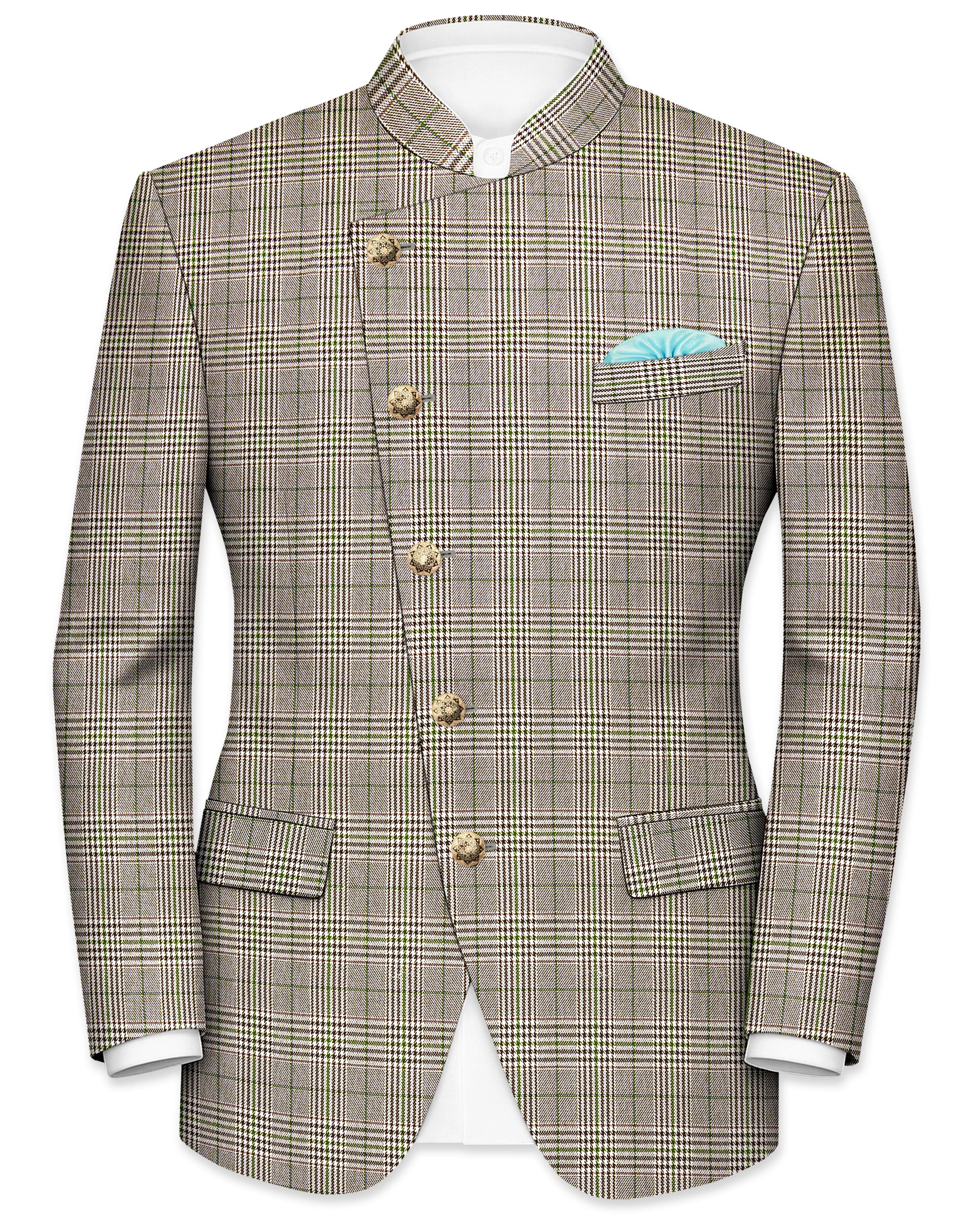 Nawab-Tundora Brown Plaid Wool Rich Cross Placket Bandhgala Blazer sold by French Crown