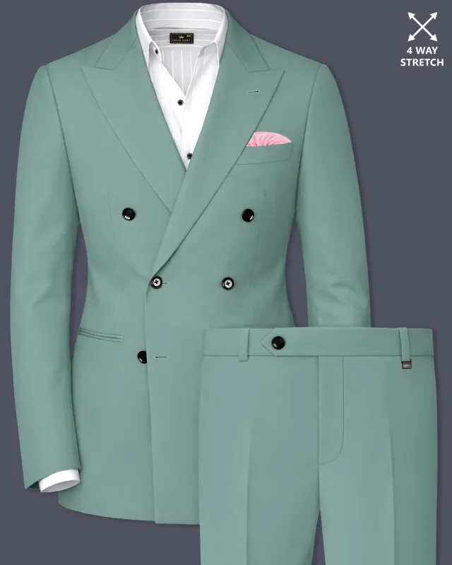 Verde-Korean Spanish Green 4-Way Stretch Wrinkle-Free Fluid Drape Fabric Double Breasted Suit made by French Crown