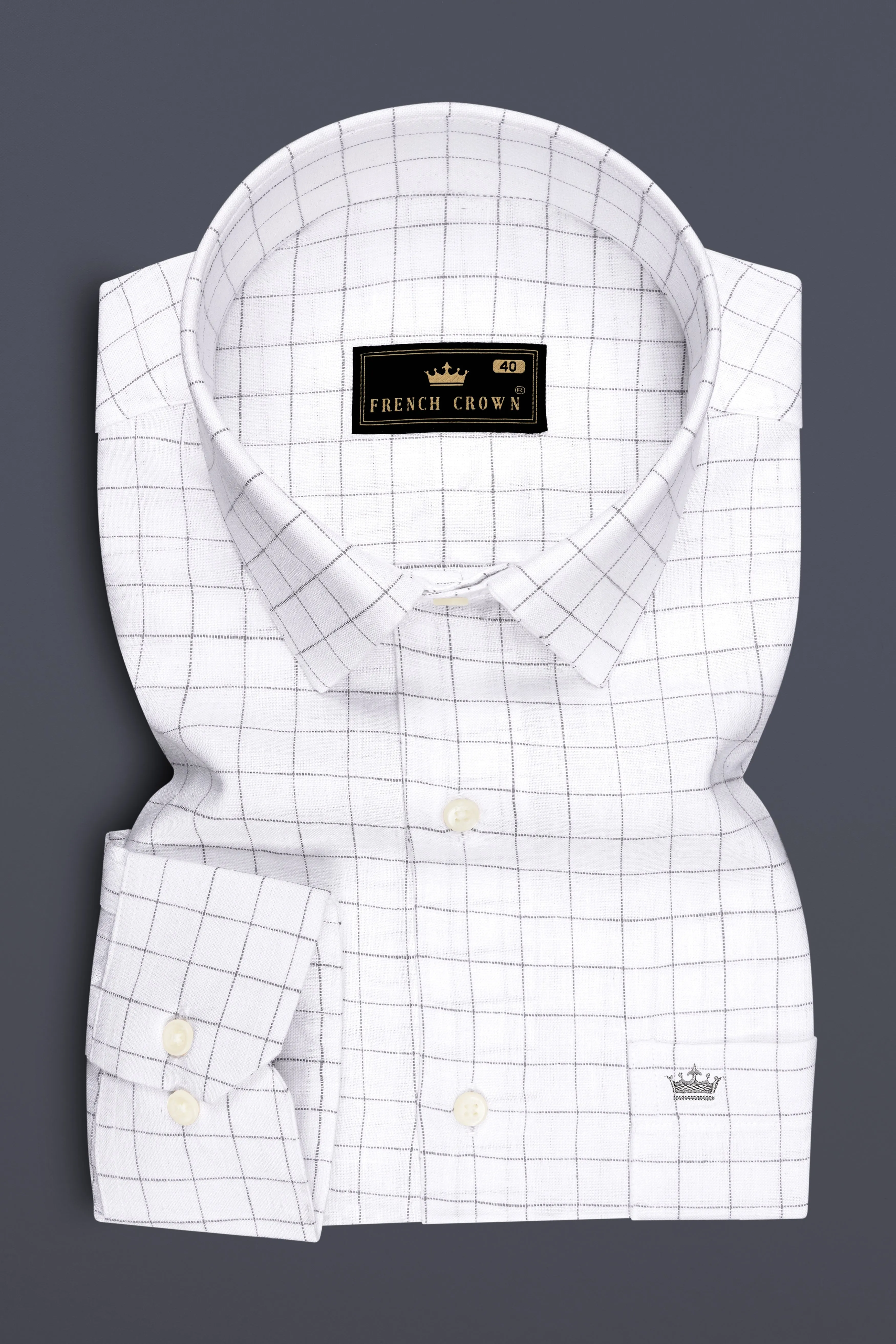 Lattice-Bright White And Chateau Gray Windowpane Pure Luxurious Linen Dress Shirt sold by French Crown product image thumbnail 4
