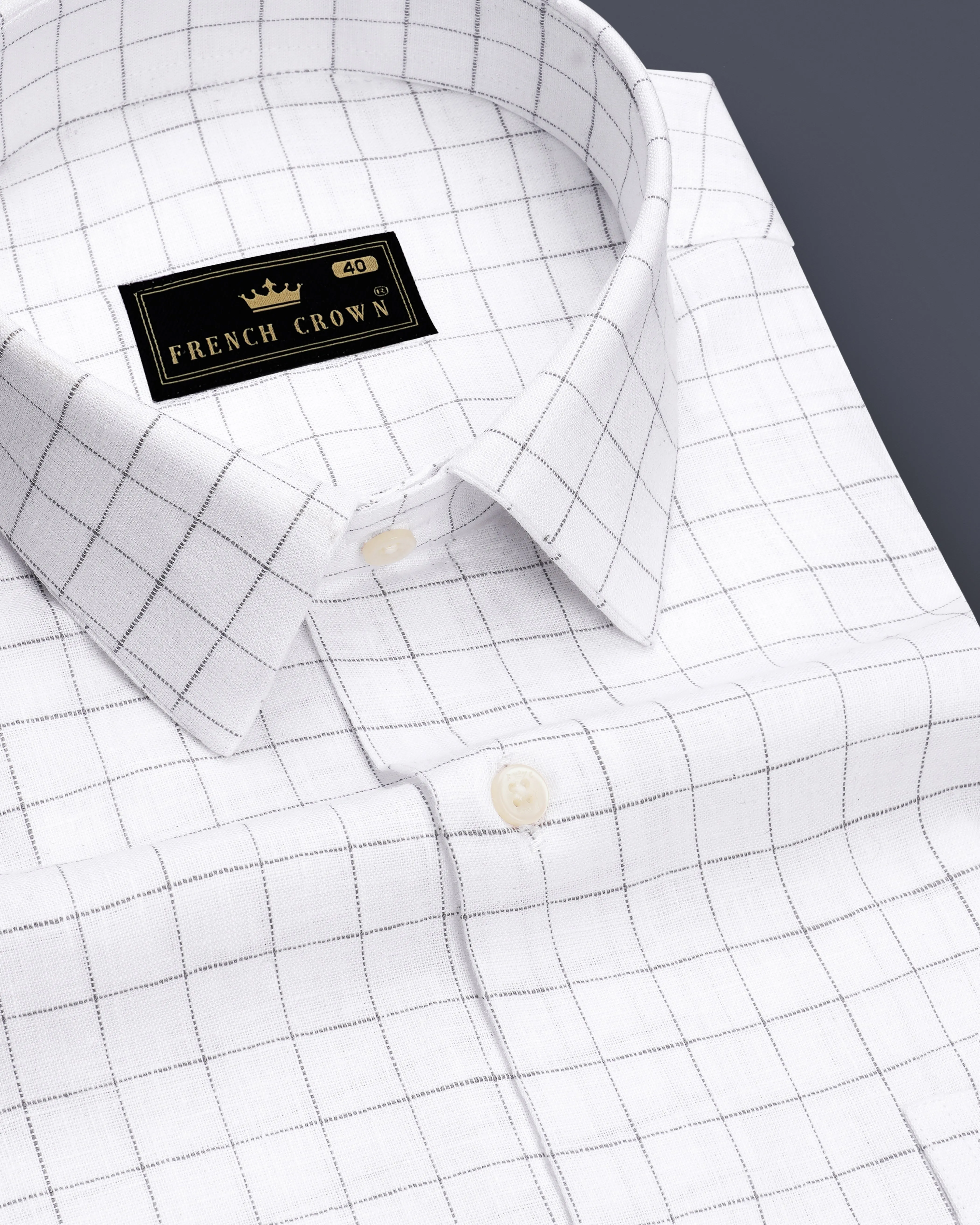 Lattice-Bright White And Chateau Gray Windowpane Pure Luxurious Linen Dress Shirt sold by French Crown