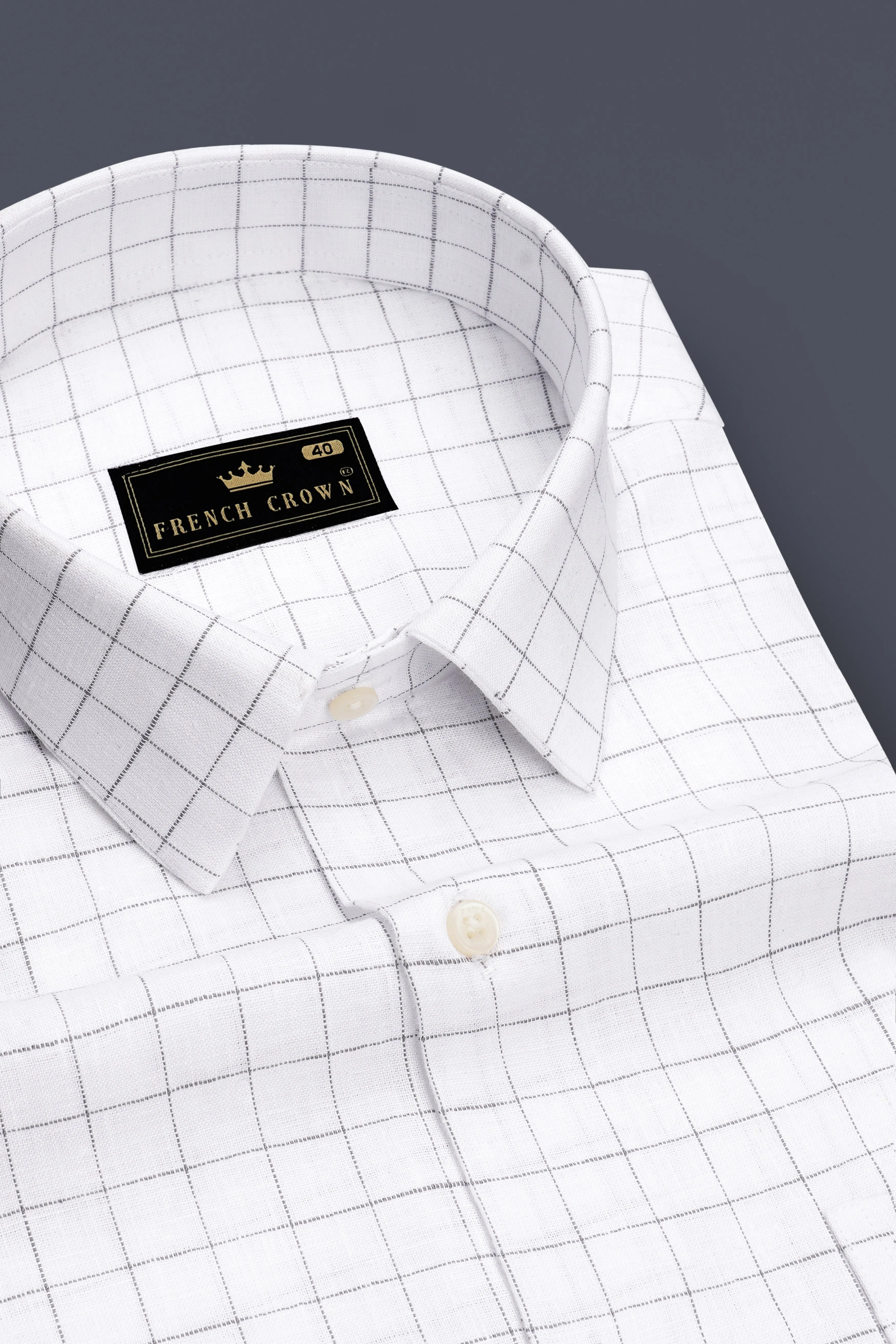 Lattice-Bright White And Chateau Gray Windowpane Pure Luxurious Linen Dress Shirt sold by French Crown product image thumbnail 2