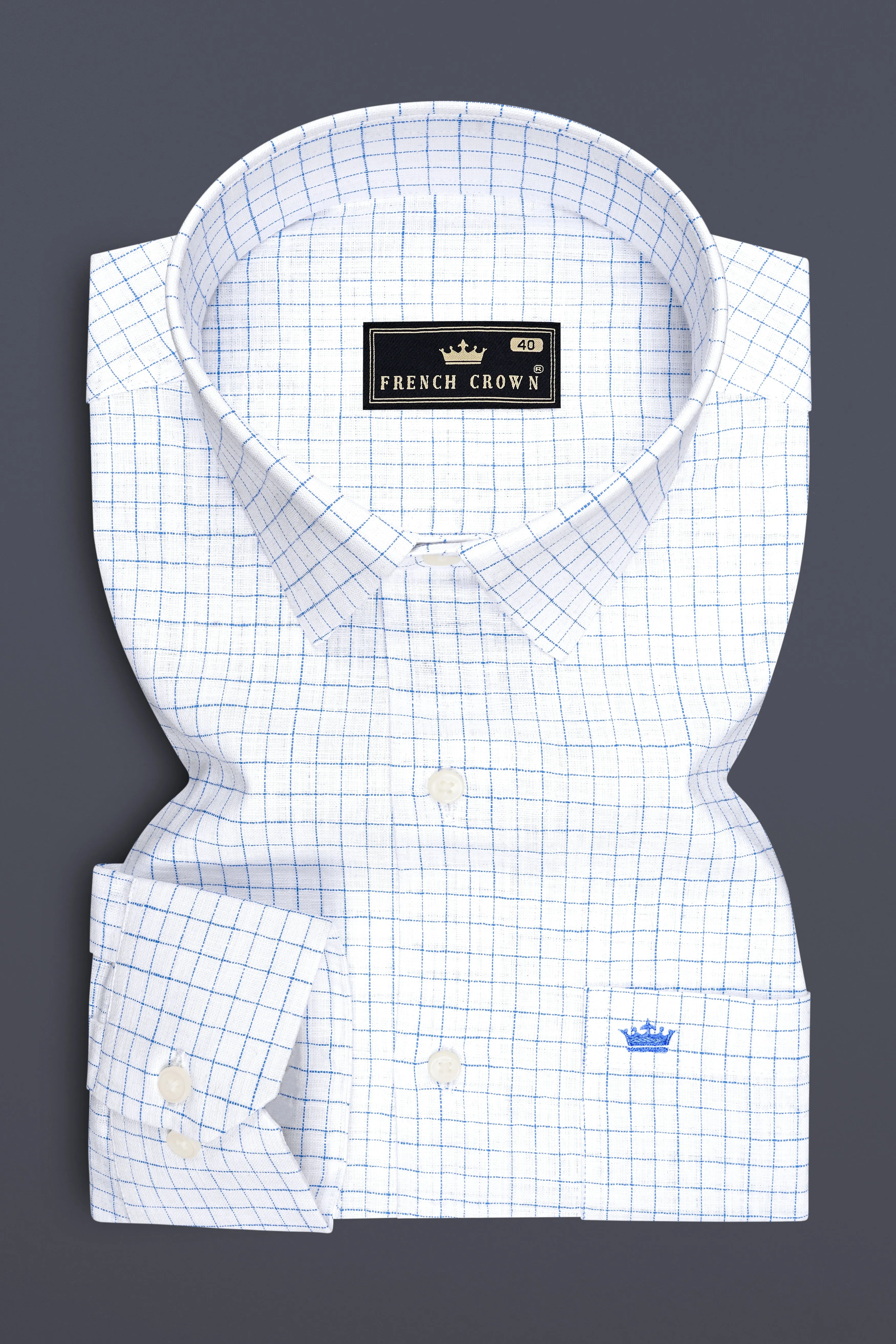 Breeze-Bright White And Tufts Blue Windowpane Luxurious Linen Dress Shirt sold by French Crown product image thumbnail 4