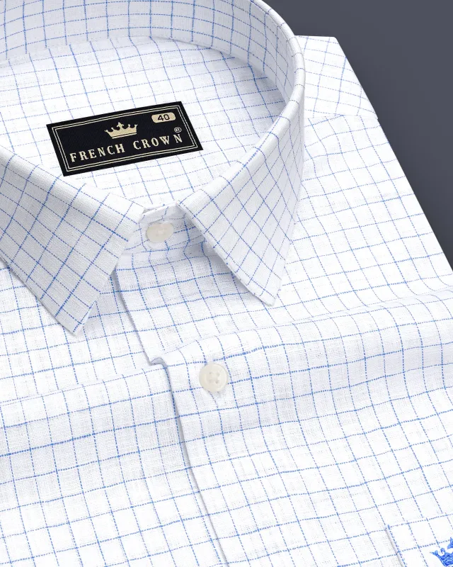 Breeze-Bright White And Tufts Blue Windowpane Luxurious Linen Dress Shirt made by French Crown