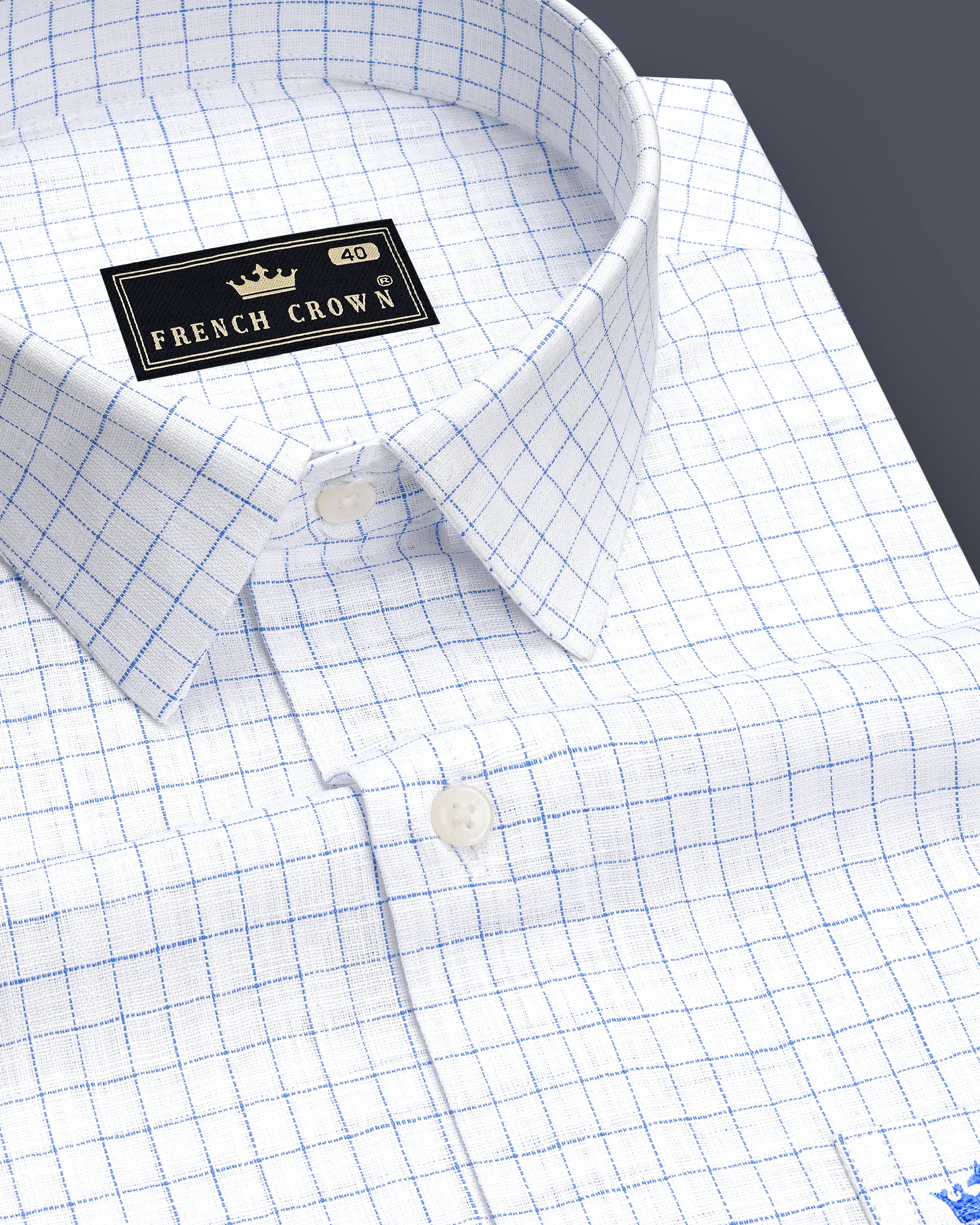 Breeze-Bright White And Tufts Blue Windowpane Luxurious Linen Dress Shirt sold by French Crown