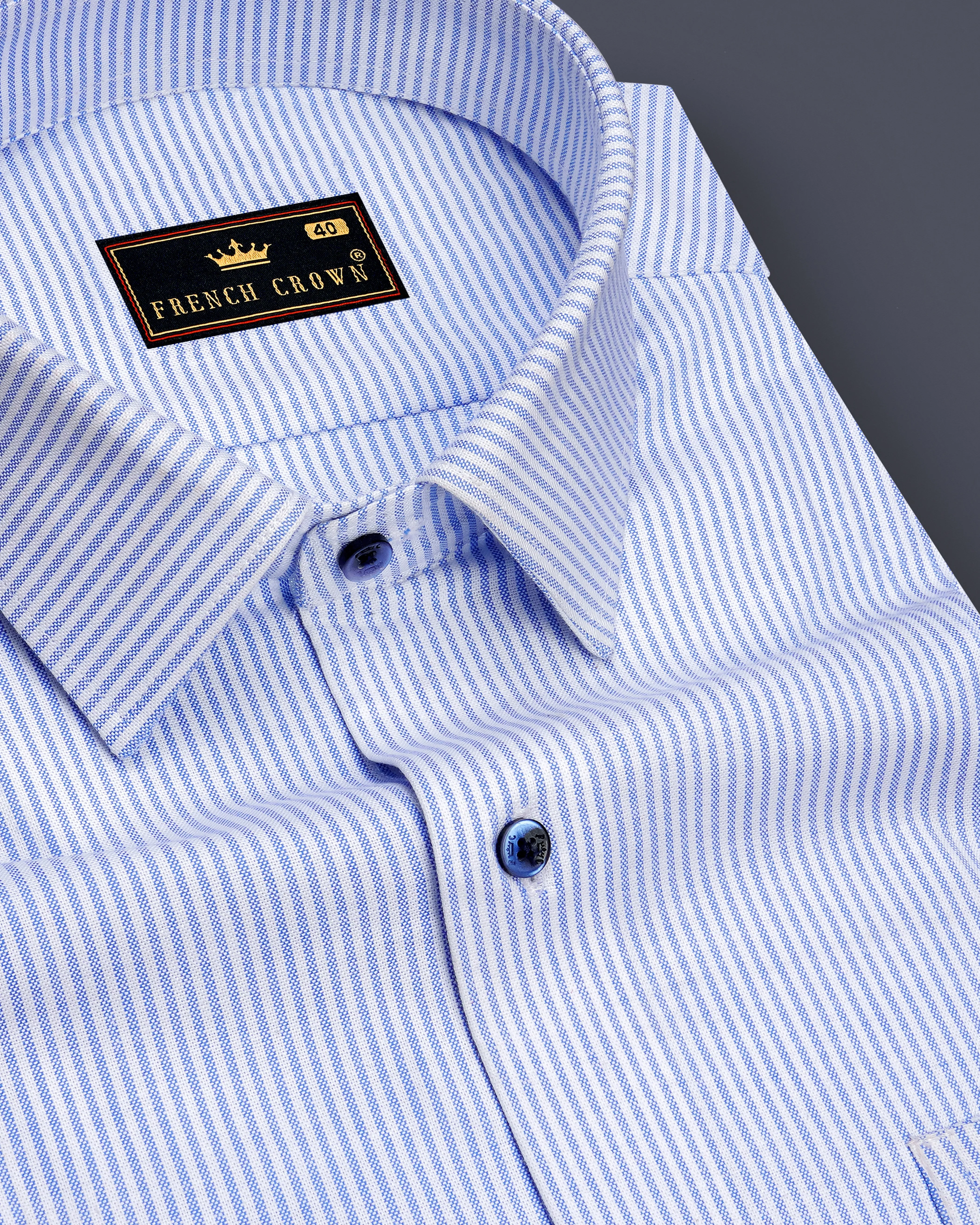 Crest-Cornflower Blue And Bright White Striped Oxford Premium Cotton Dress Shirt sold by French Crown