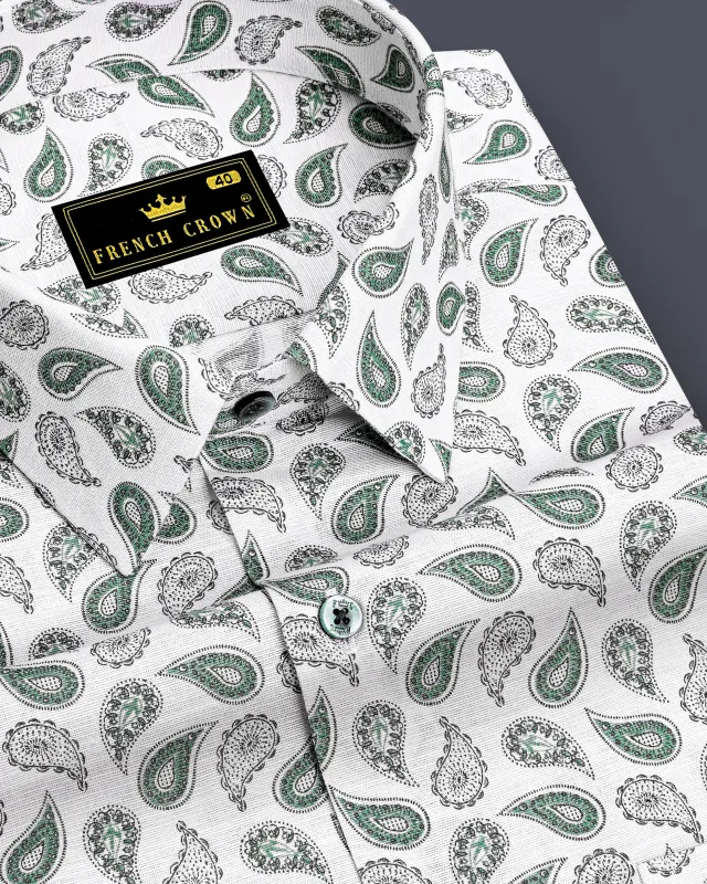 Viridian-Bright White And Viridian Green Paisley Printed Luxurious Linen Semi Formal Shirt made by French Crown