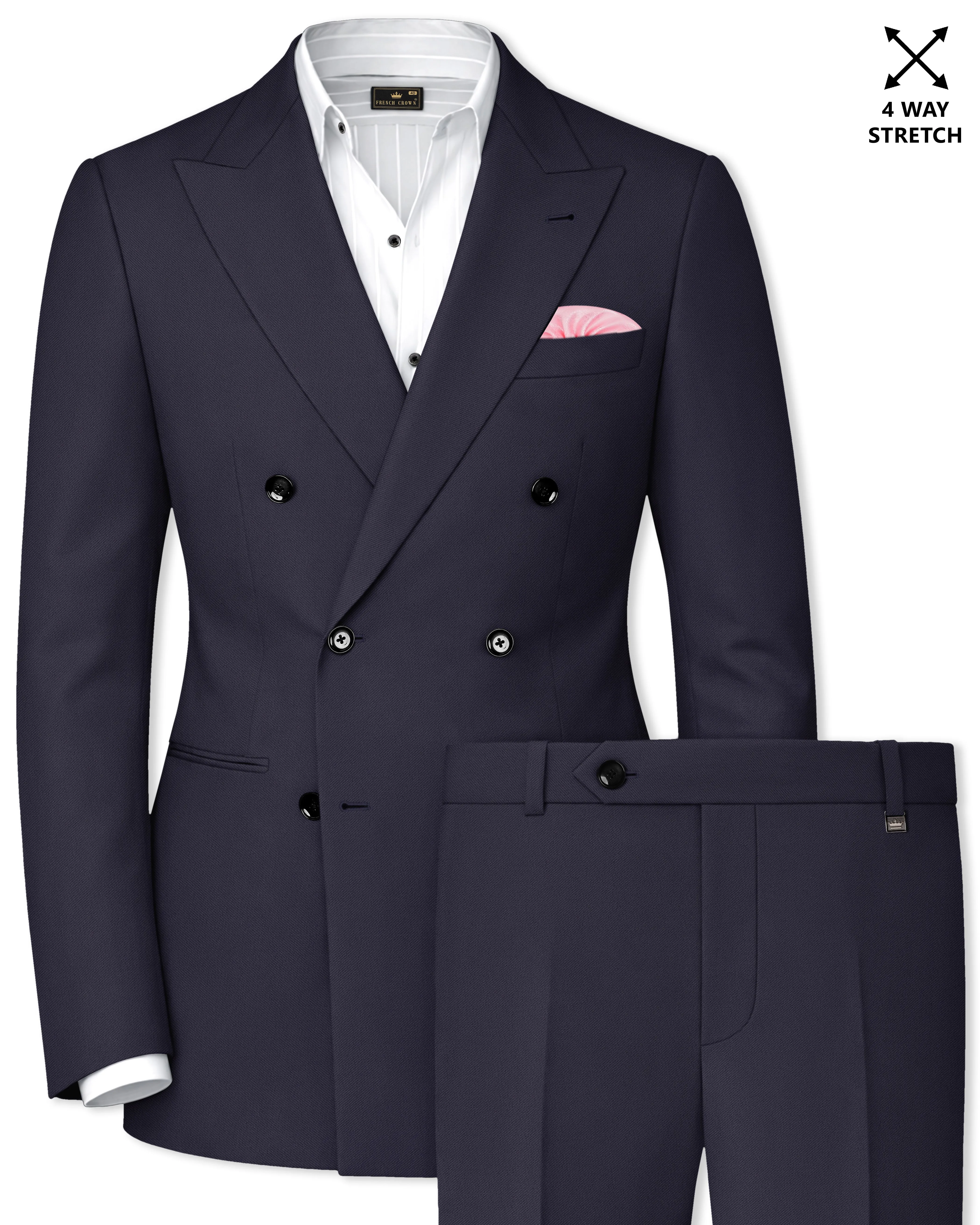 Kairo-Korean Charcoal Gray 4-Way Stretch Wrinkle-Free Fluid Drape Fabric Double Breasted Suit sold by French Crown