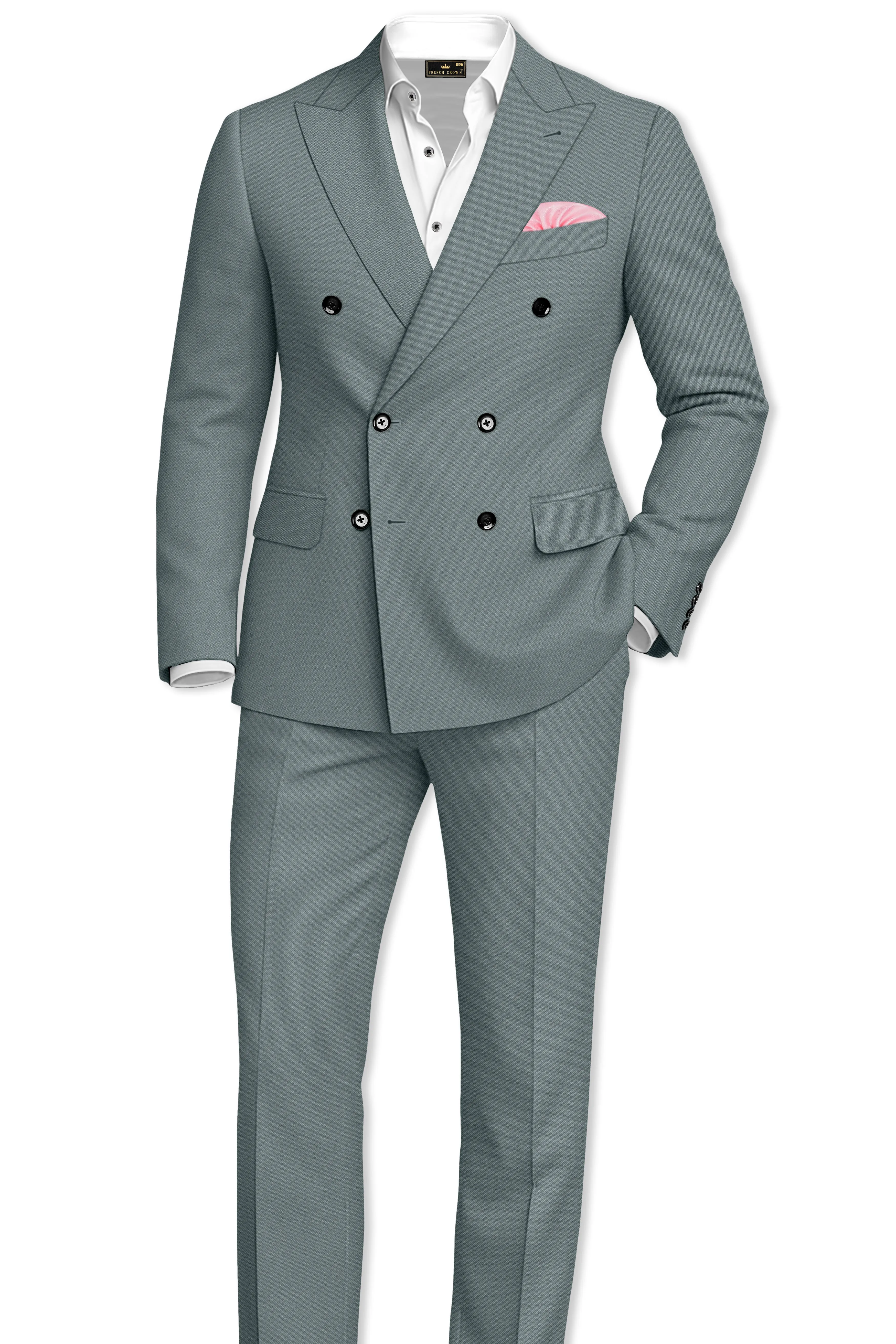 Verdant-Raven Green Wool Rich Slight Stretch Double Breasted Suit sold by French Crown product image thumbnail 4