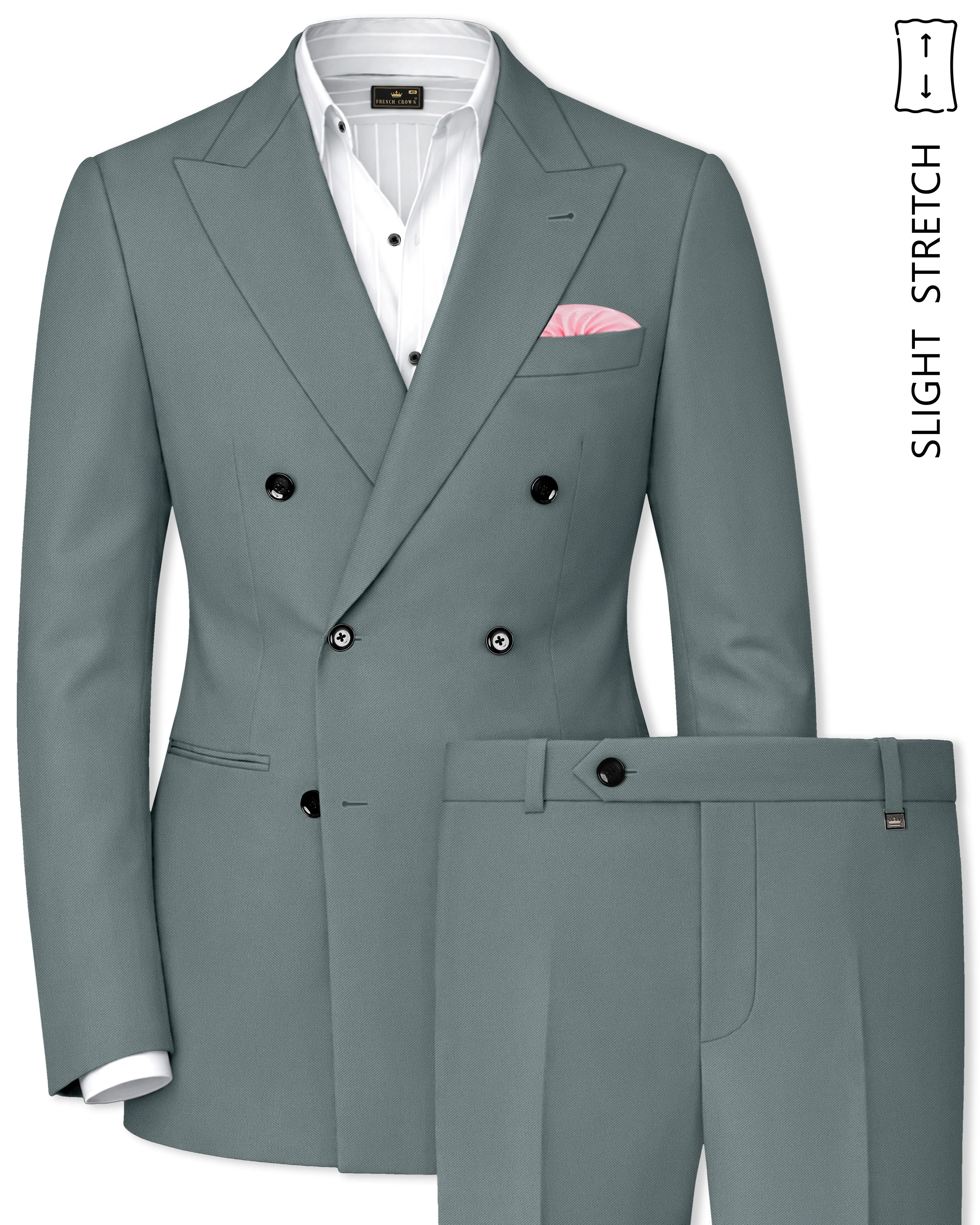 Verdant-Raven Green Wool Rich Slight Stretch Double Breasted Suit sold by French Crown