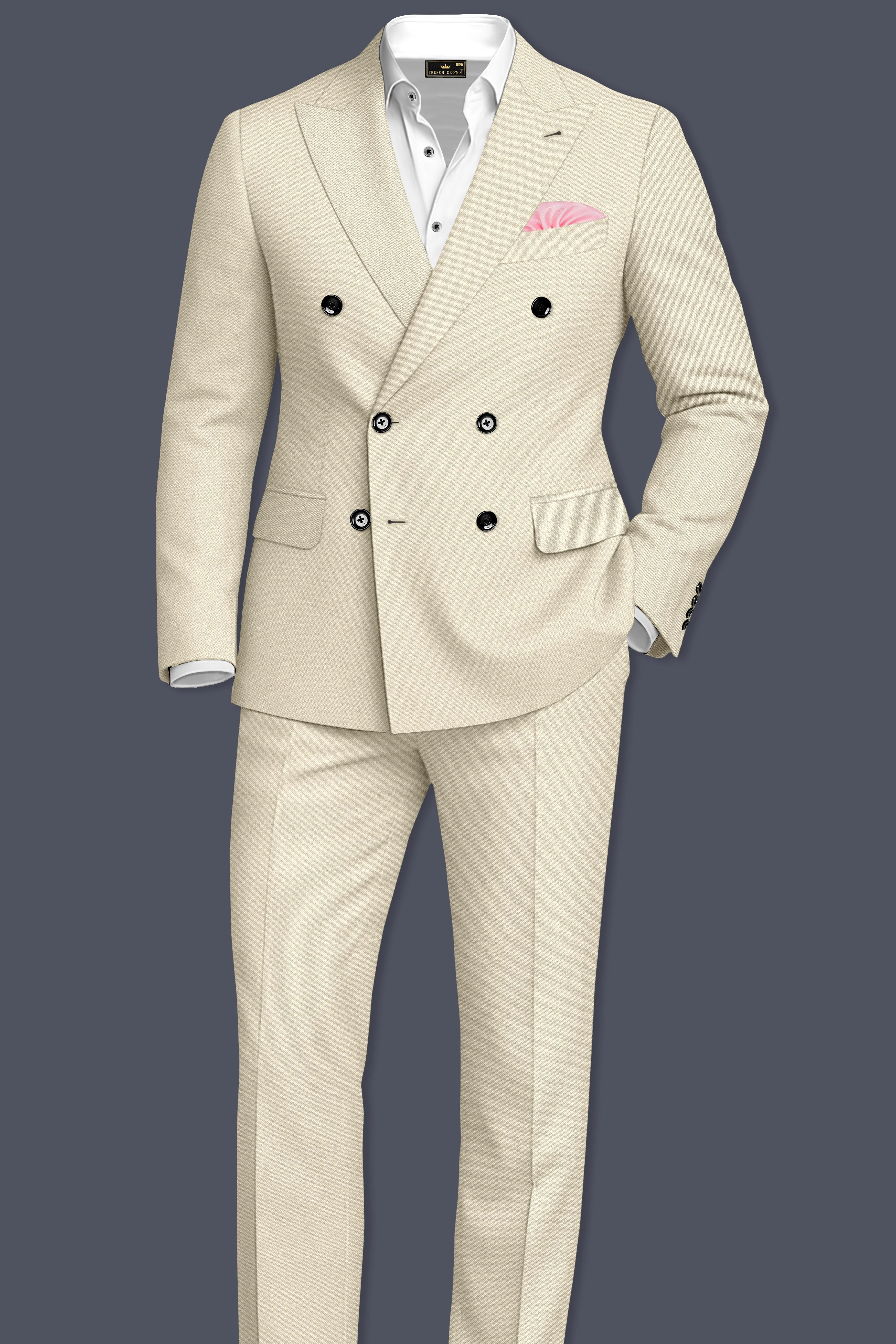 Ivora-Almond Cream Wool Rich Slight Stretch Double Breasted Suit sold by French Crown product image thumbnail 4