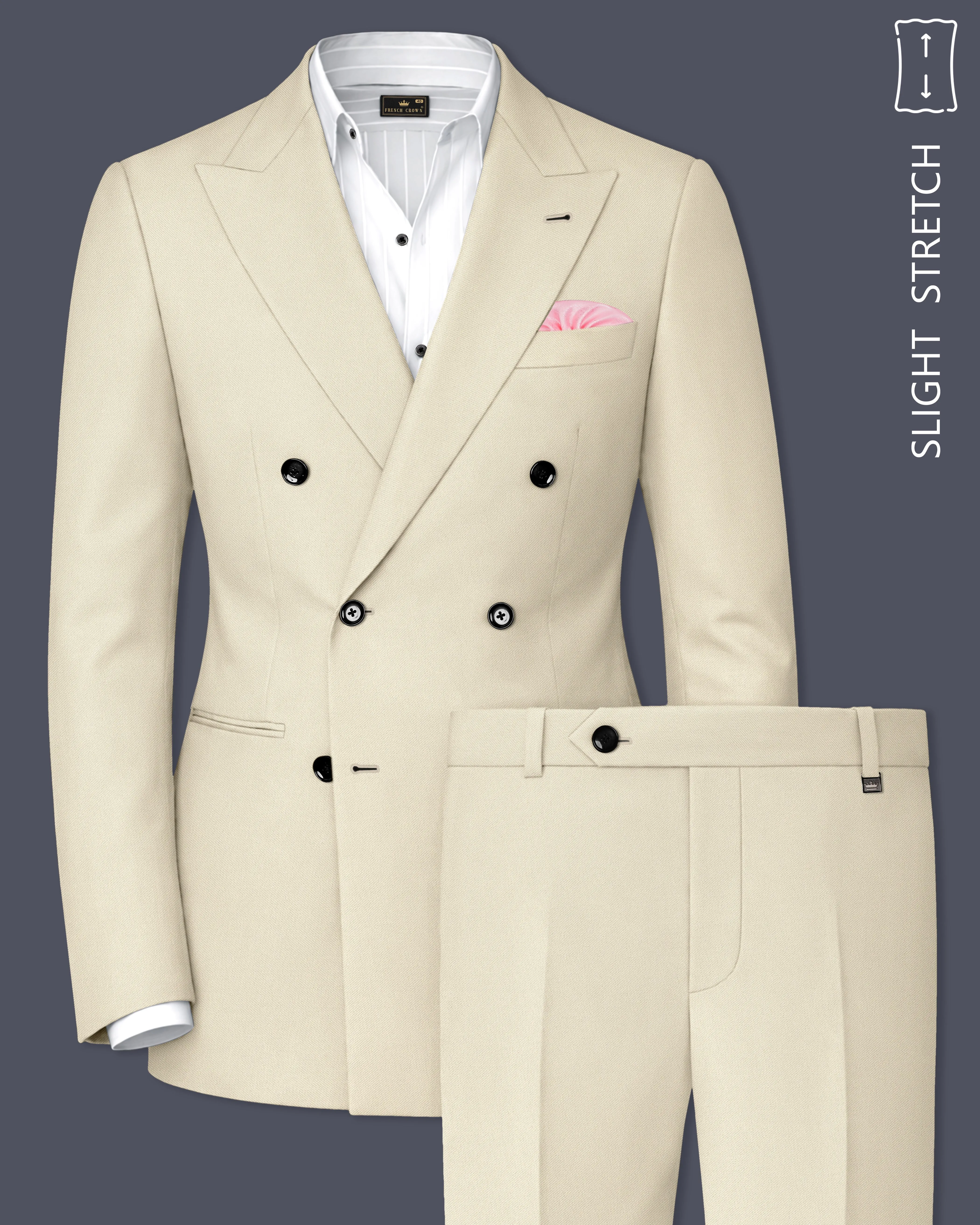 Ivora-Almond Cream Wool Rich Slight Stretch Double Breasted Suit sold by French Crown