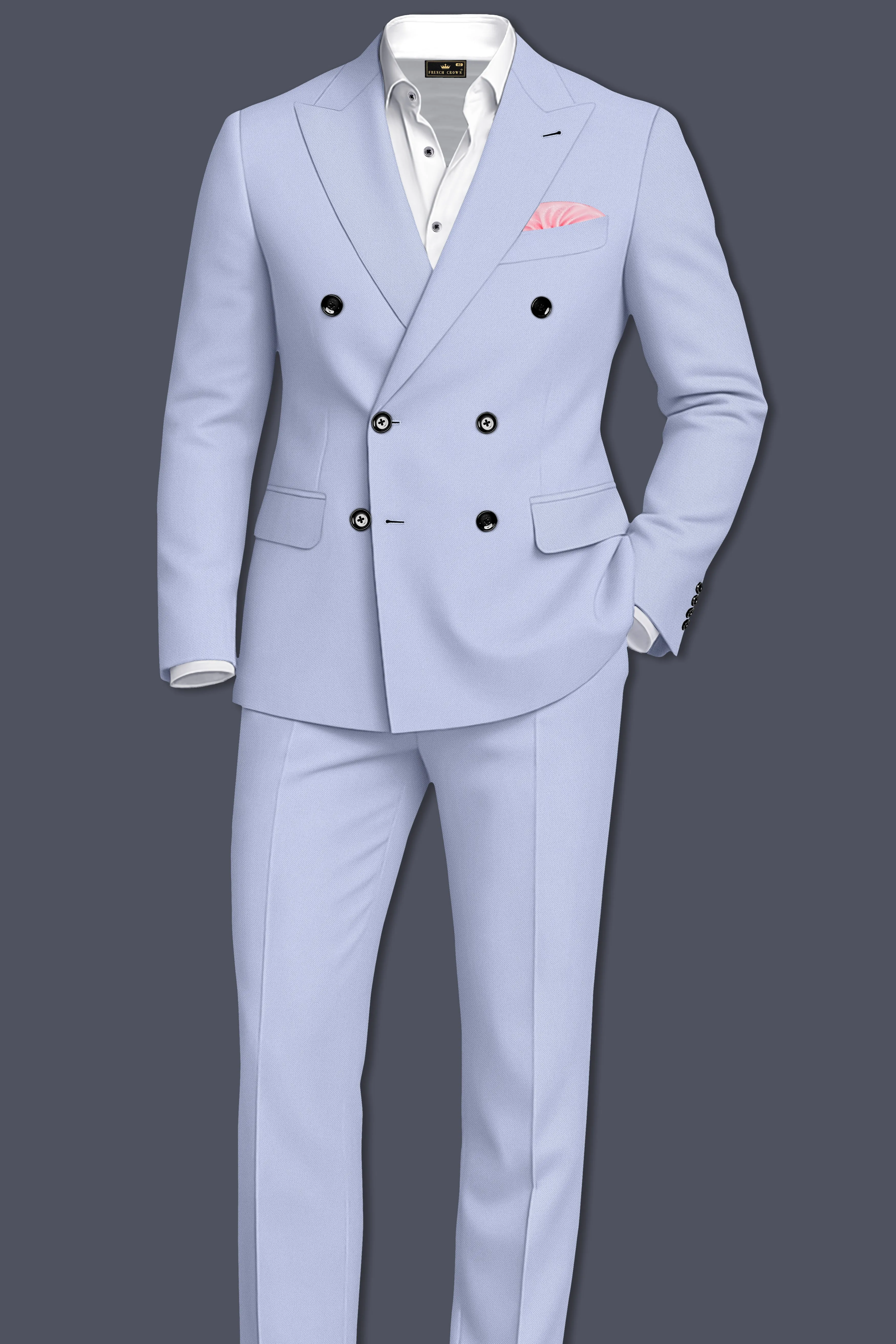 Azure-Periwinkle Blue Wool Rich Slight Stretch Double Breasted Suit sold by French Crown product image thumbnail 4