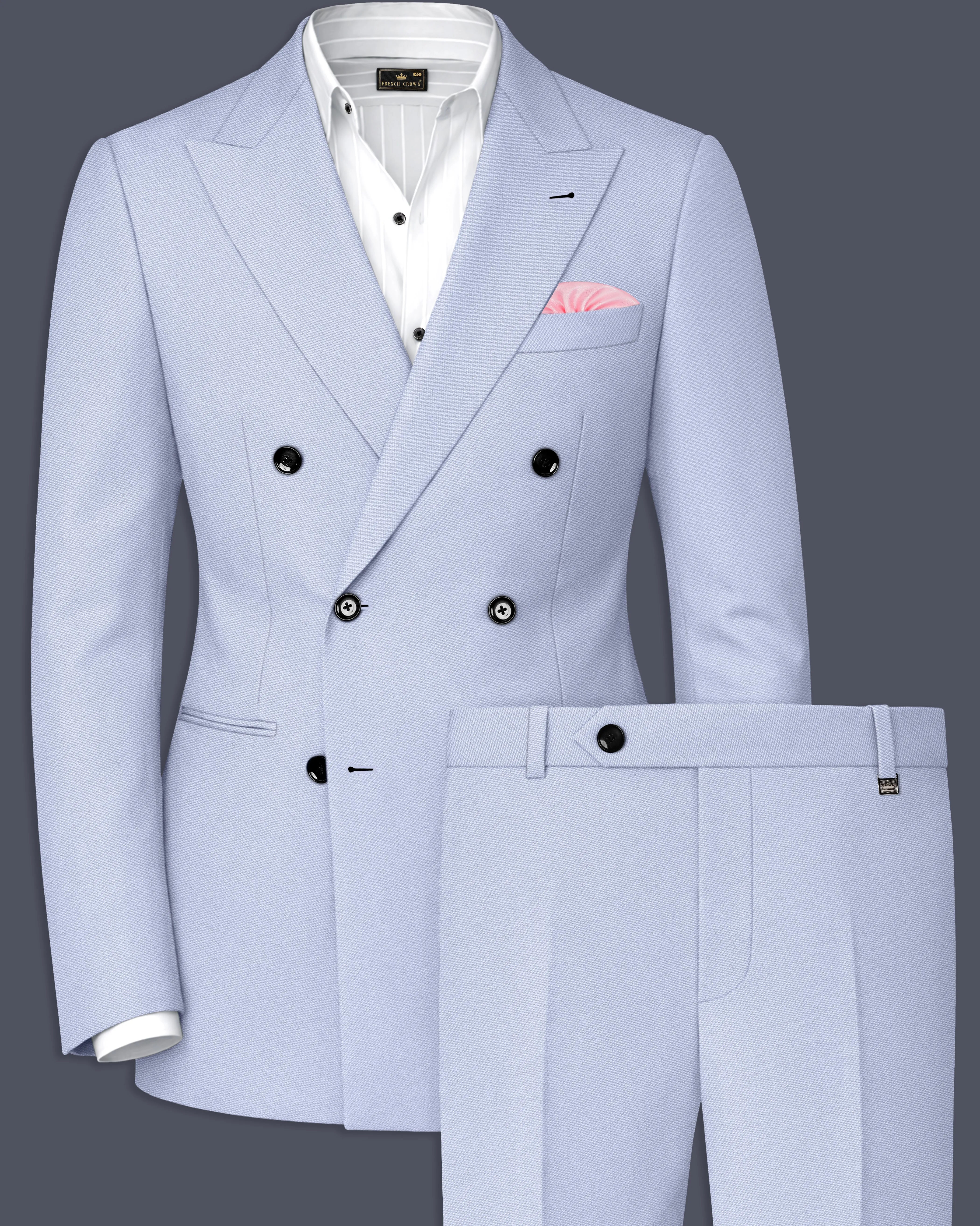 Azure-Periwinkle Blue Wool Rich Slight Stretch Double Breasted Suit sold by French Crown