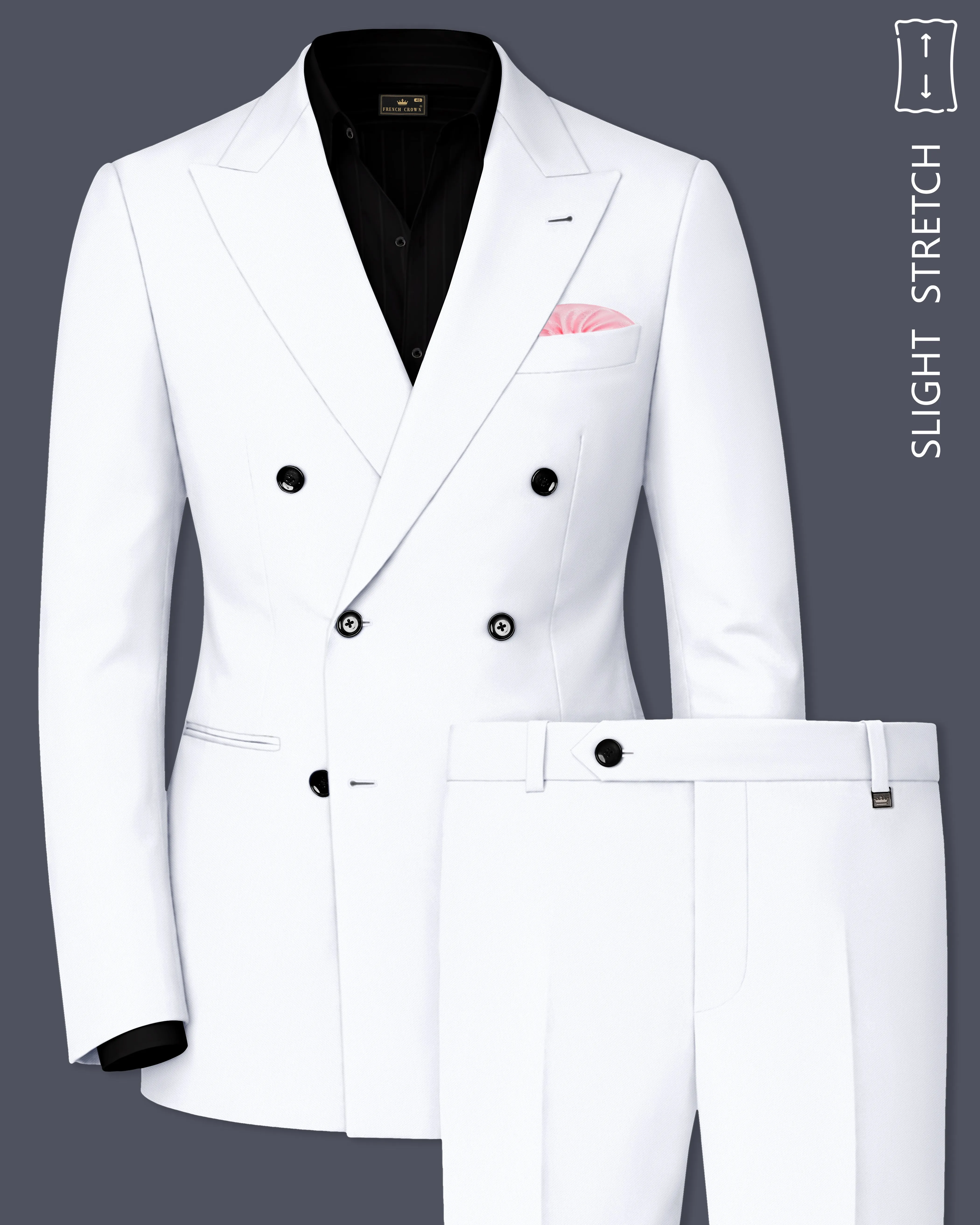 Ivory-Bright White Wool Rich Slight Stretch Double Breasted Suit sold by French Crown