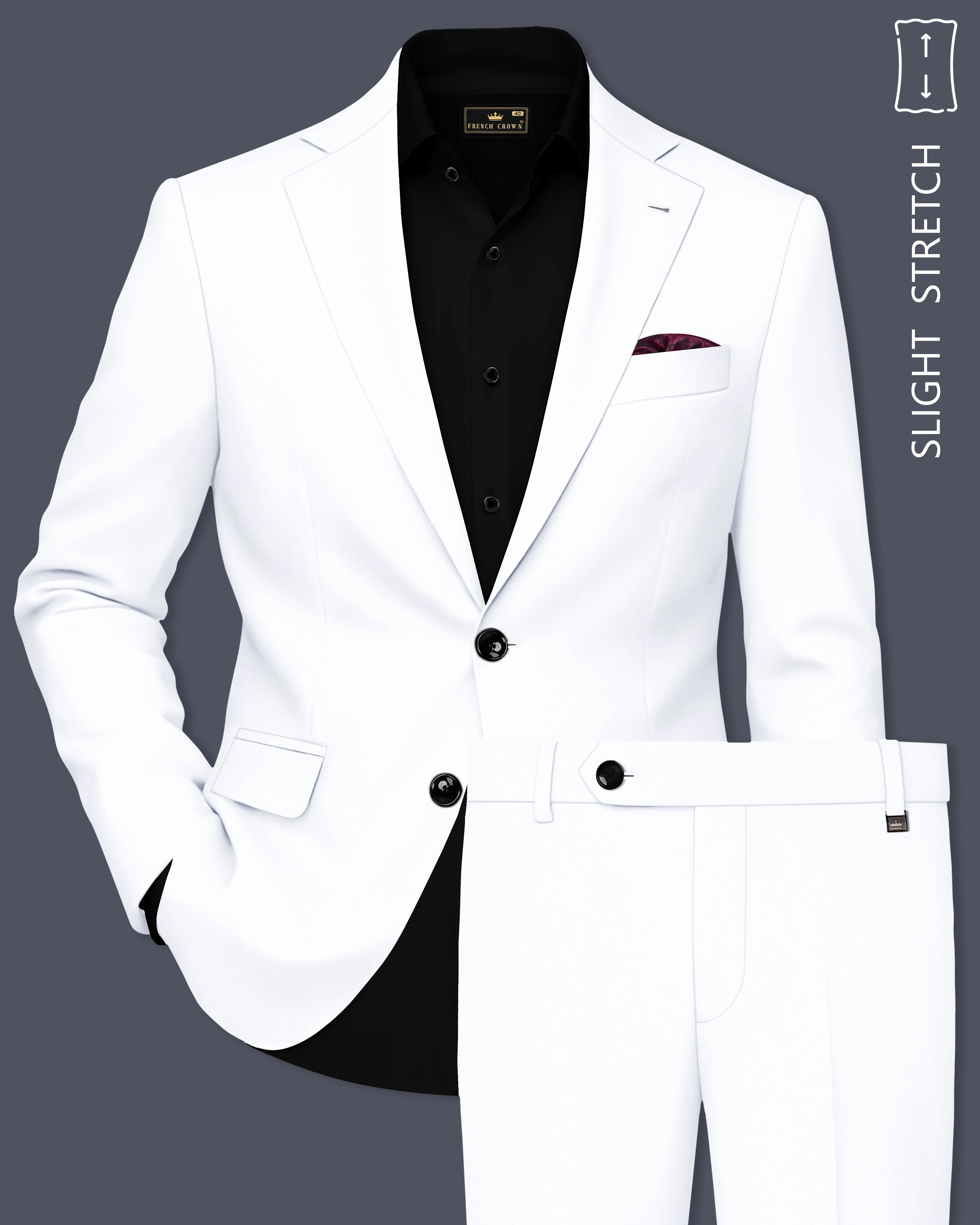 Ivory-Bright White Wool Rich Slight Stretch Single Breasted Suit sold by French Crown