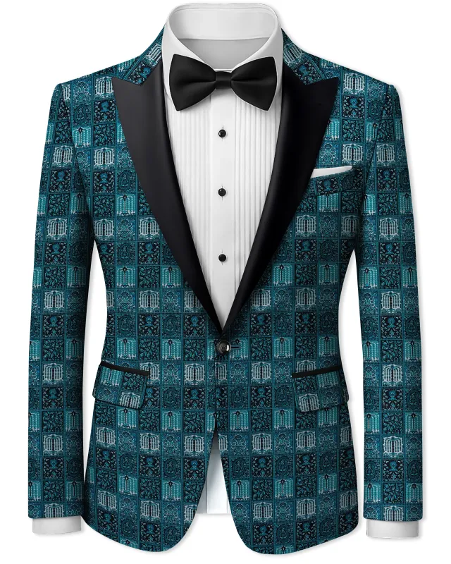 Zenith-Astronaut Blue Geometric Mosaic Printed Wool Rich Peak Lapel Tuxedo Blazer made by French Crown