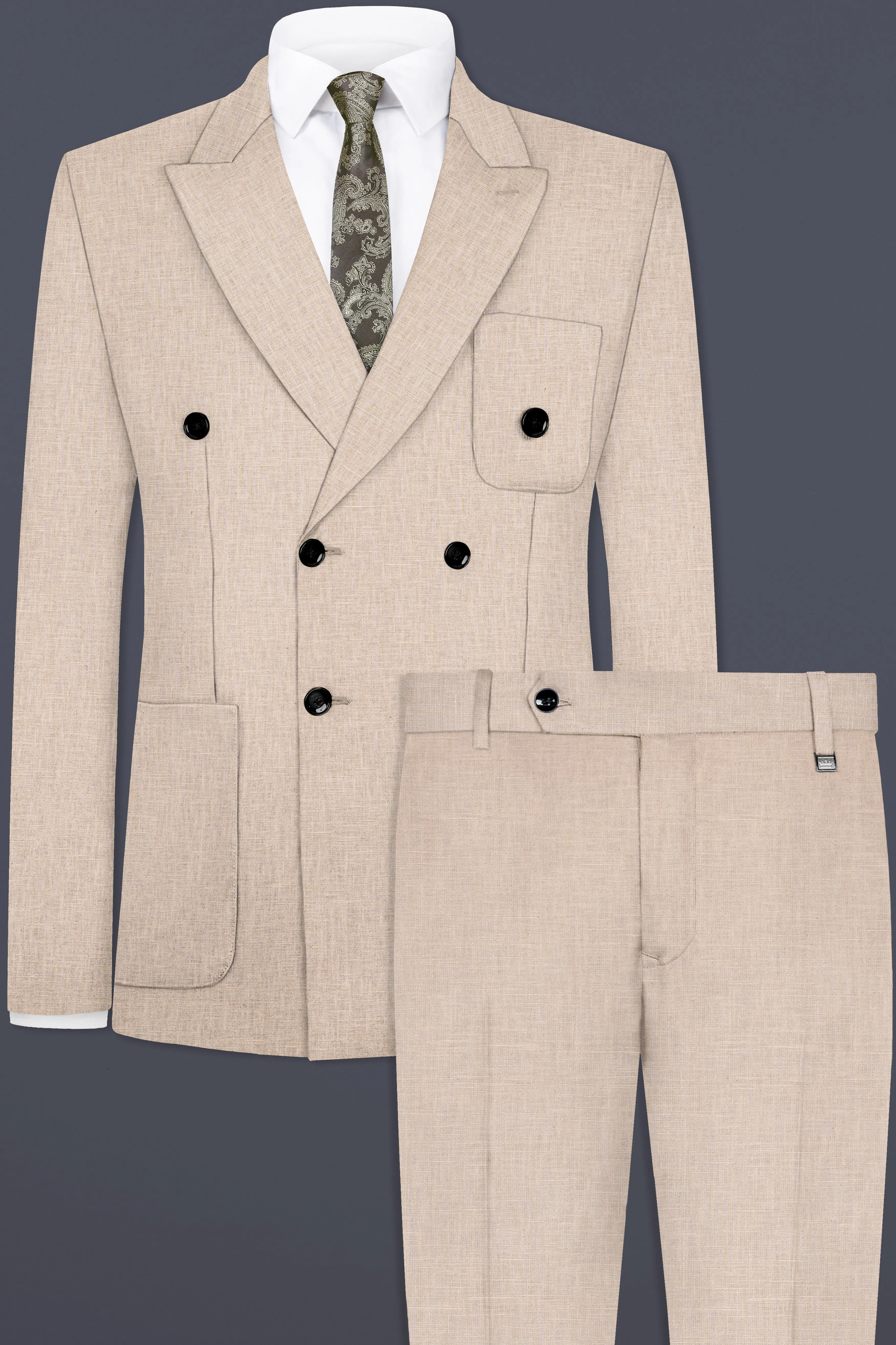 Cashmere Beige Luxurious Linen Double Breasted Sports Suit sold by French Crown