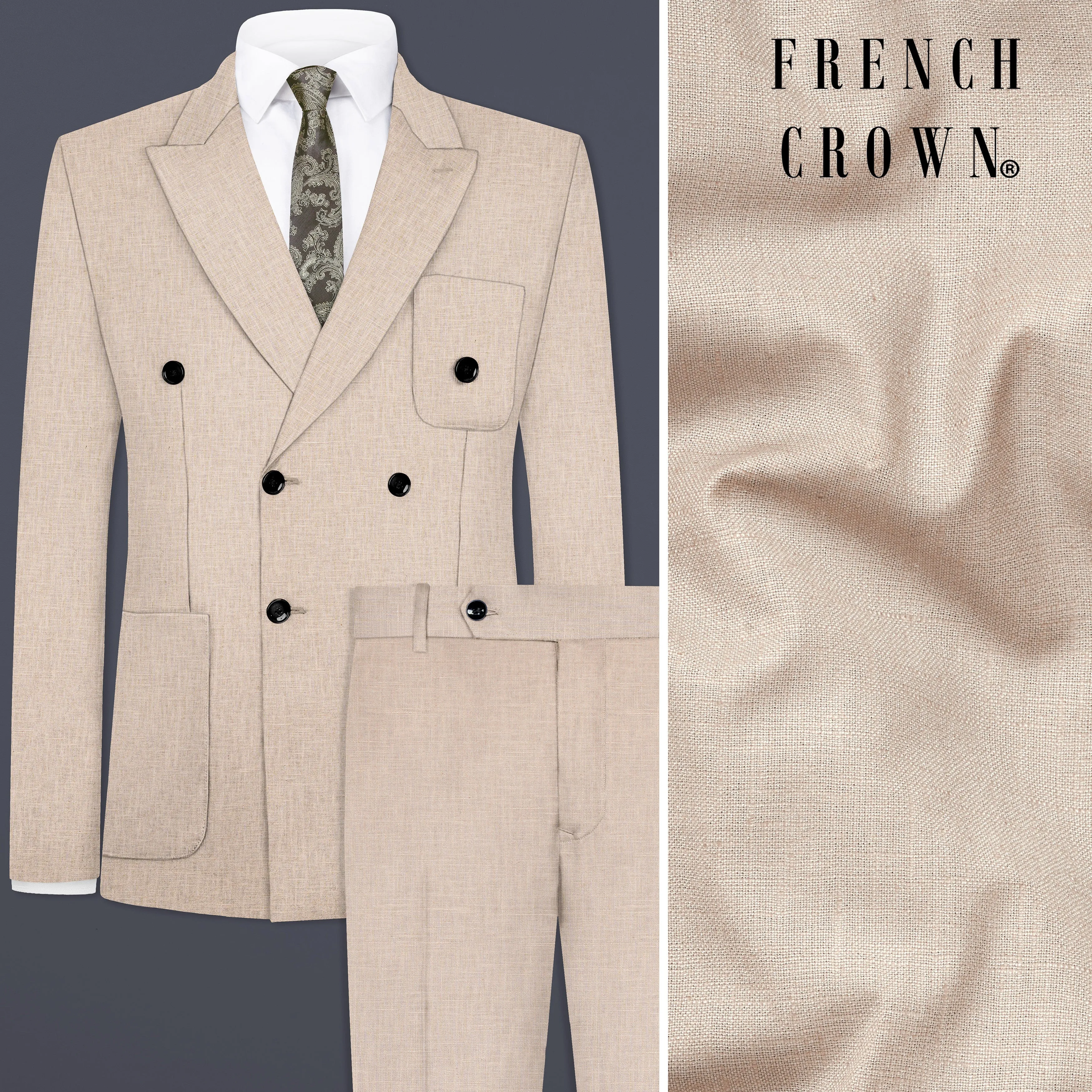 Cashmere Beige Luxurious Linen Double Breasted Sports Suit sold by French Crown product image thumbnail 2