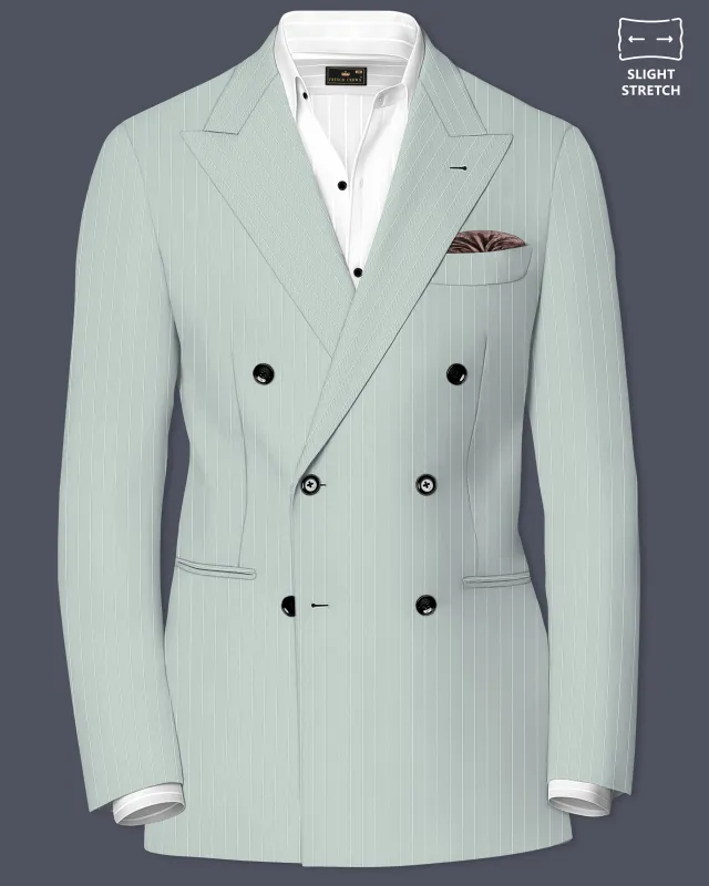 Halcyon-Pale Slate Green Herringbone Striped Wool Rich Slight Stretch Double Breasted Blazer made by French Crown