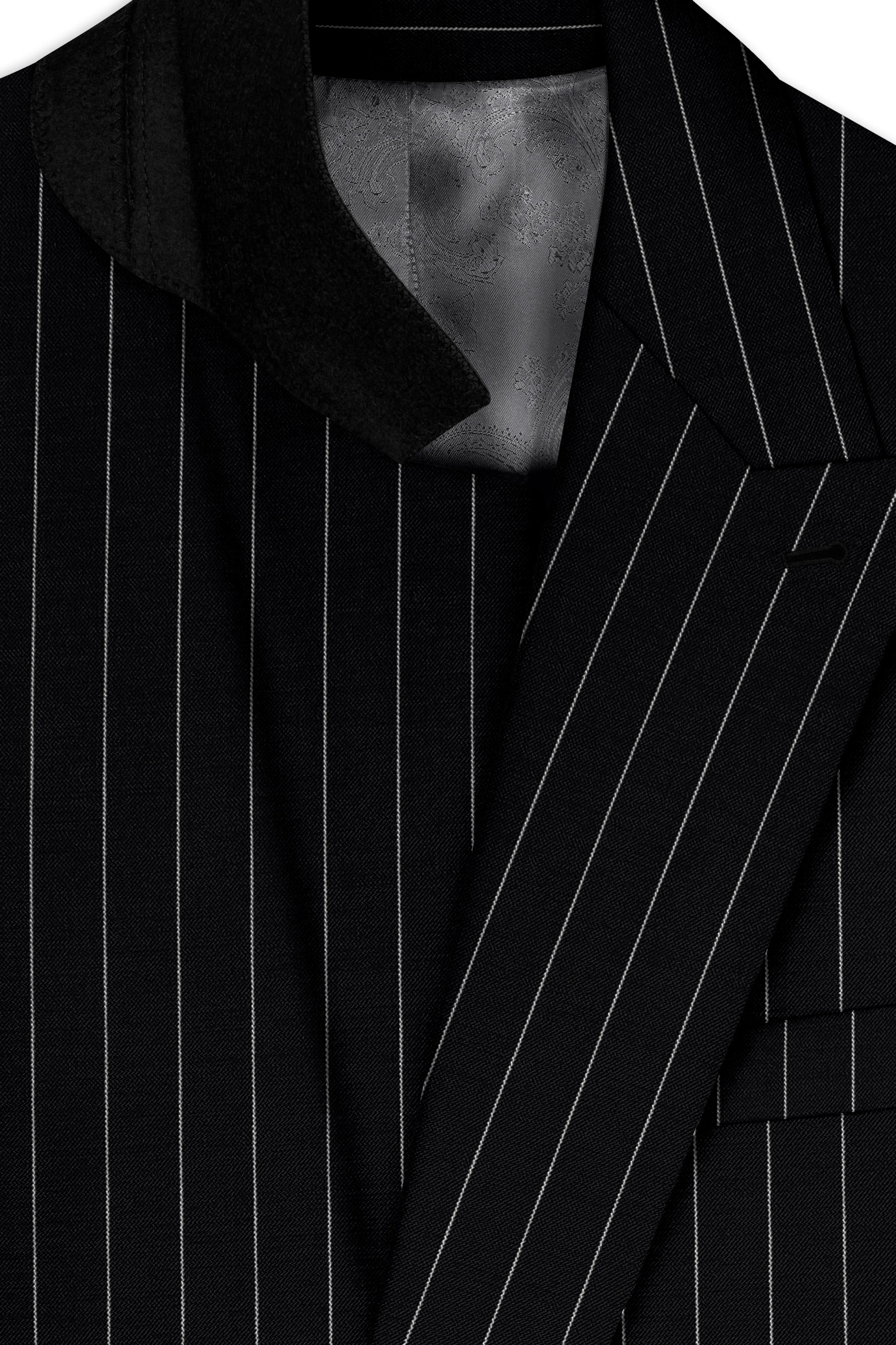 Veritas-Jade Black And Bright White Pin Striped Wool Rich Slight Stretch Double Breasted Suit sold by French Crown product image thumbnail 5