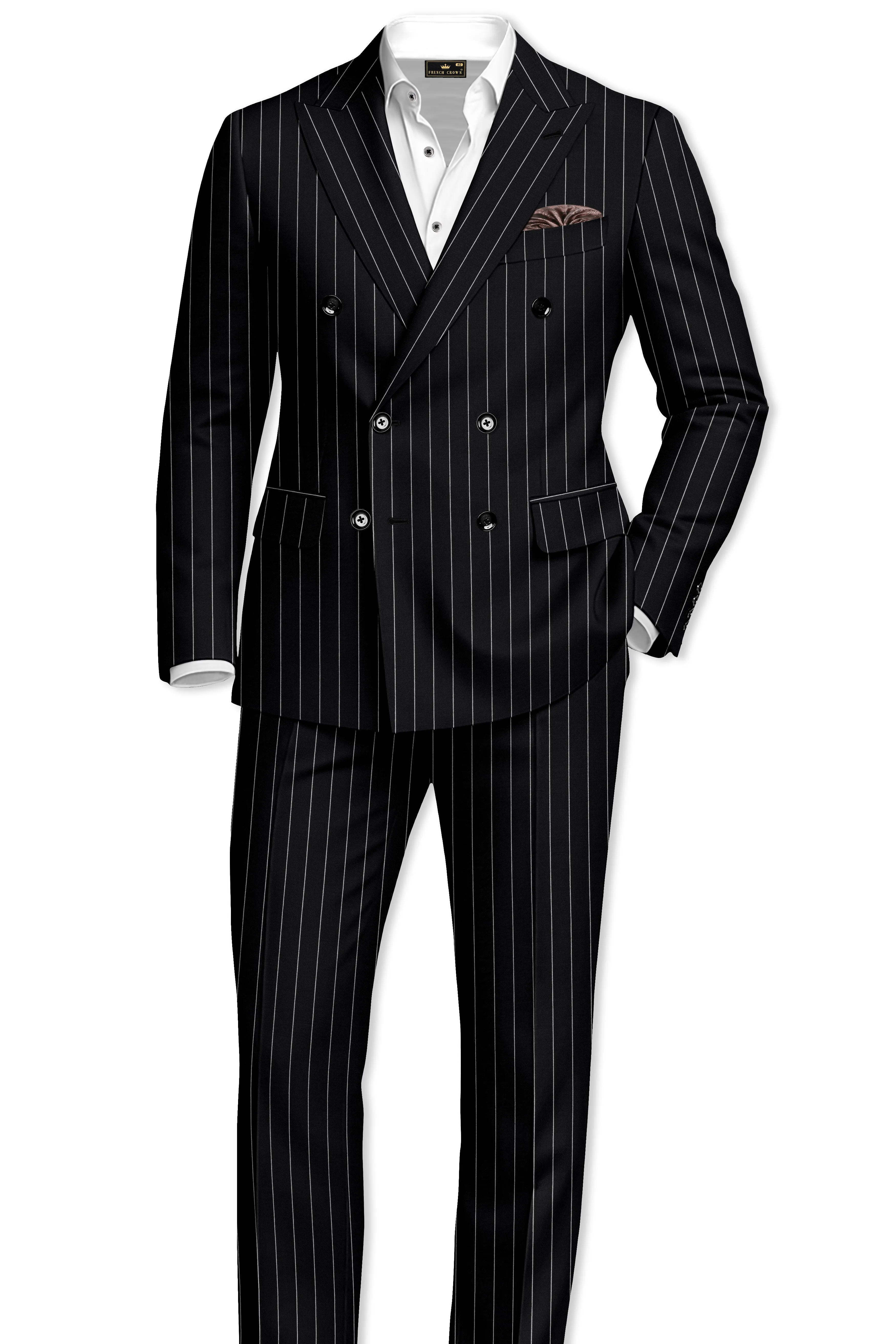 Veritas-Jade Black And Bright White Pin Striped Wool Rich Slight Stretch Double Breasted Suit sold by French Crown product image thumbnail 4