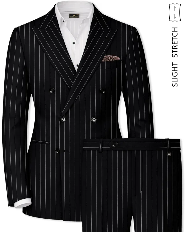 Veritas-Jade Black And Bright White Pin Striped Wool Rich Slight Stretch Double Breasted Suit made by French Crown