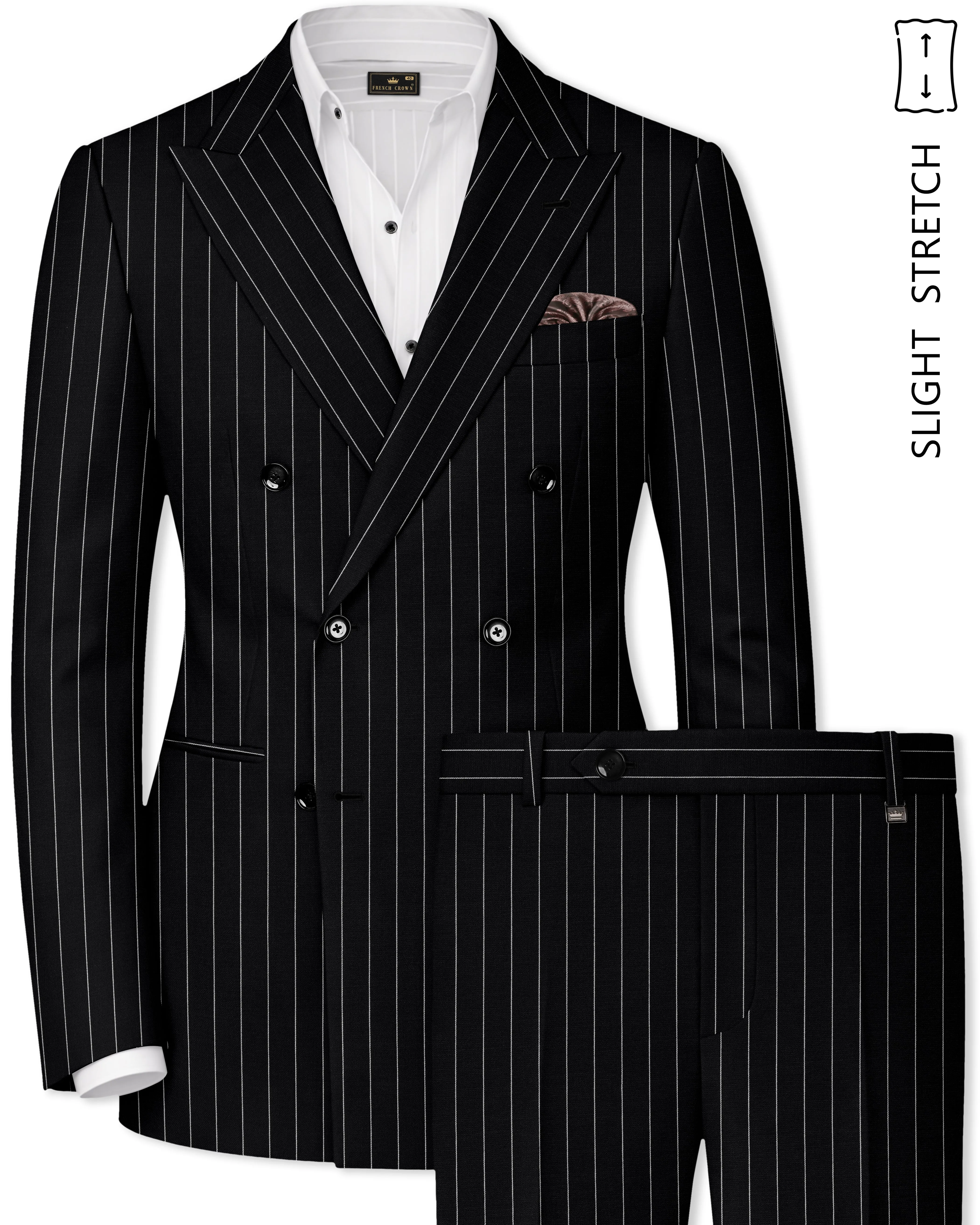 Veritas-Jade Black And Bright White Pin Striped Wool Rich Slight Stretch Double Breasted Suit sold by French Crown