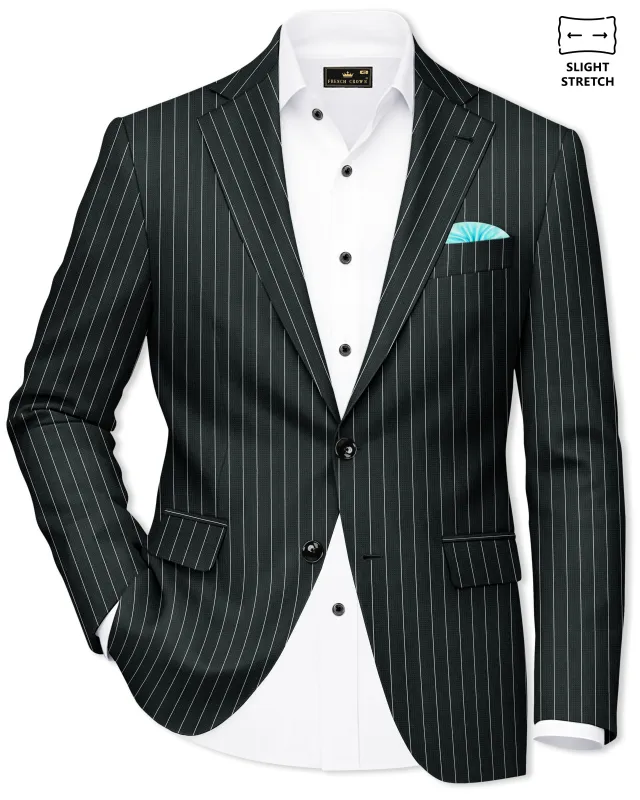 Viceroy-Hunter Green And Bright White Chalk Striped Wool Rich Slight Stretch Single Breasted Blazer made by French Crown