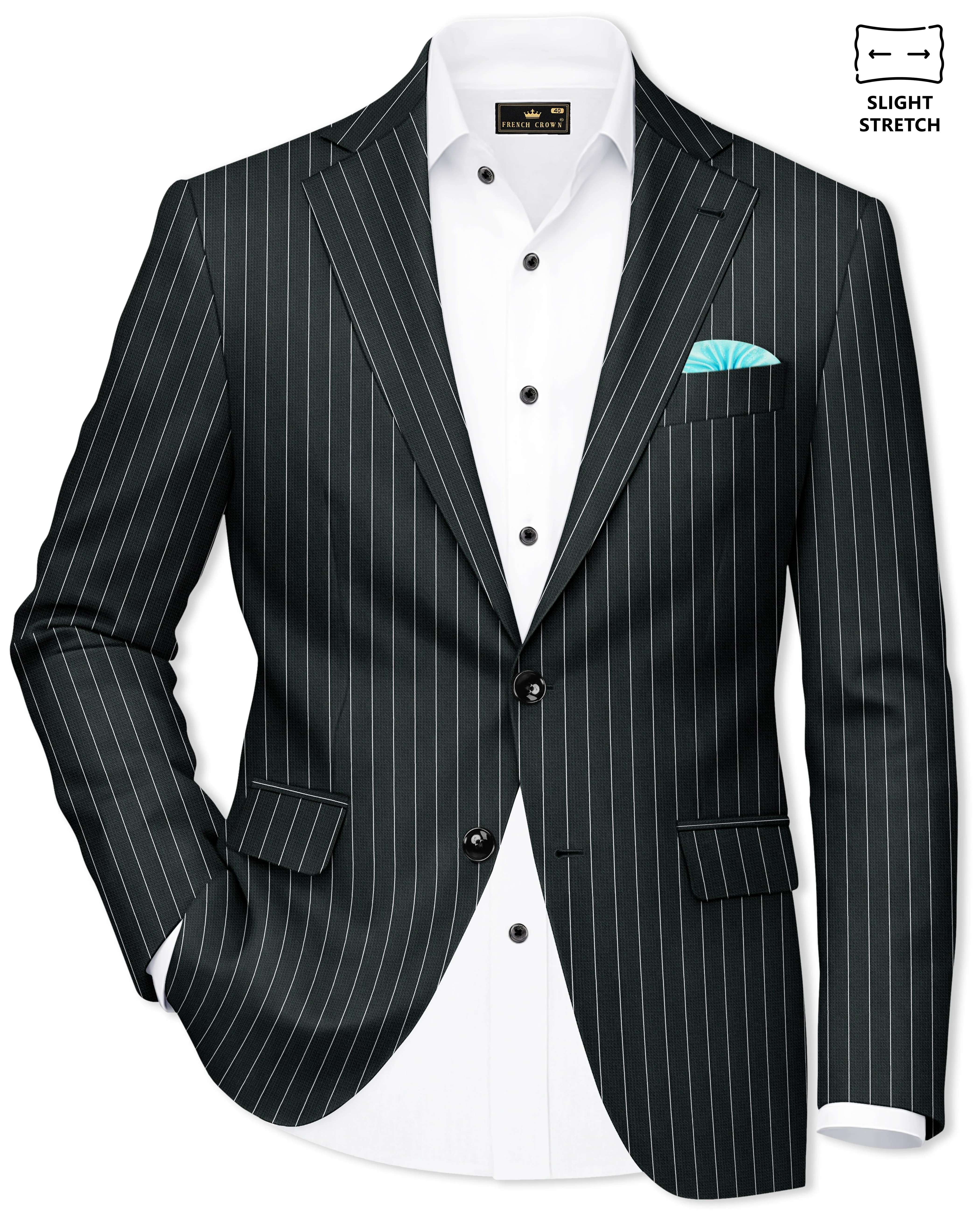 Viceroy-Hunter Green And Bright White Chalk Striped Wool Rich Slight Stretch Single Breasted Blazer sold by French Crown
