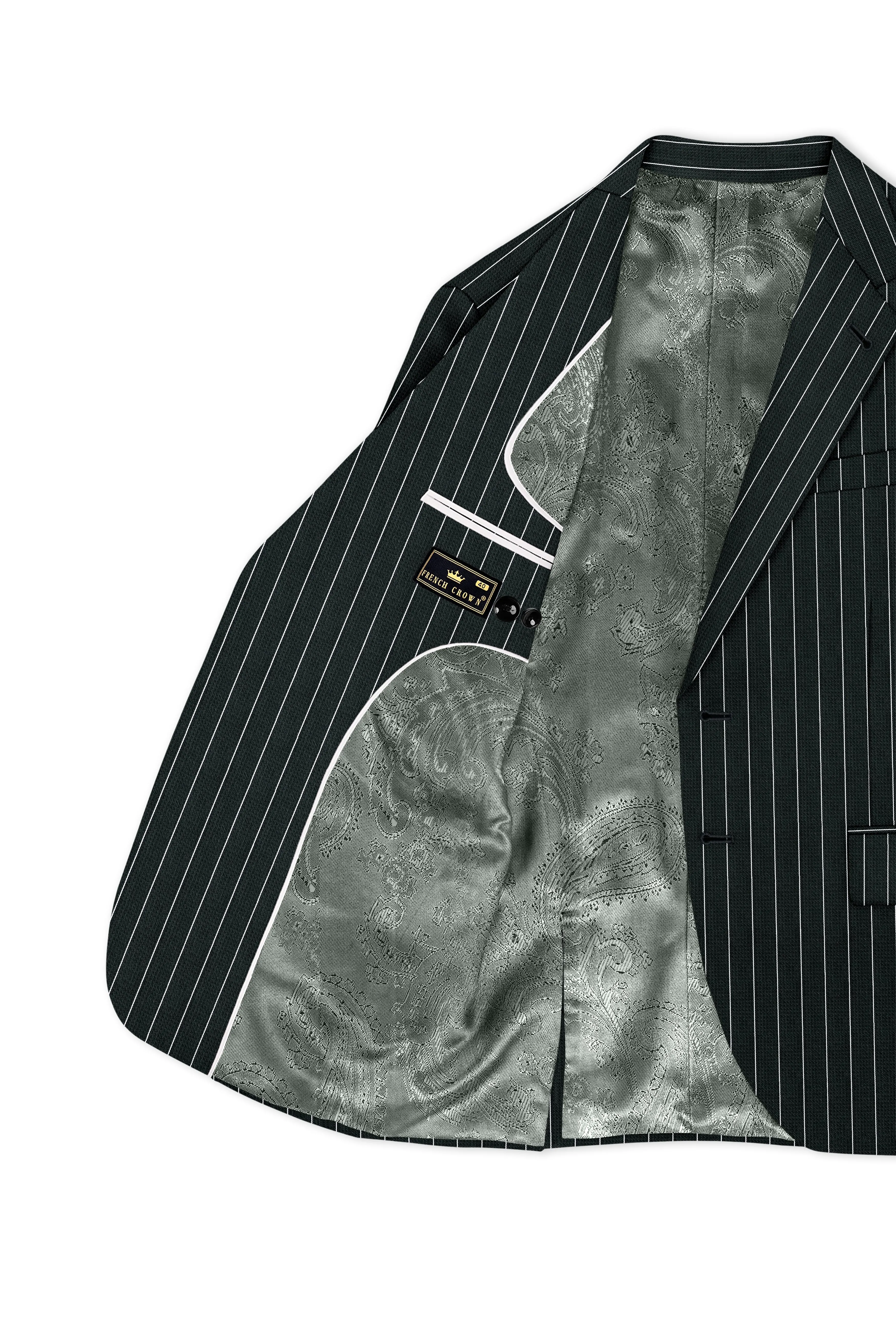 Viceroy-Hunter Green And Bright White Chalk Striped Wool Rich Slight Stretch Single Breasted Blazer sold by French Crown product image thumbnail 5