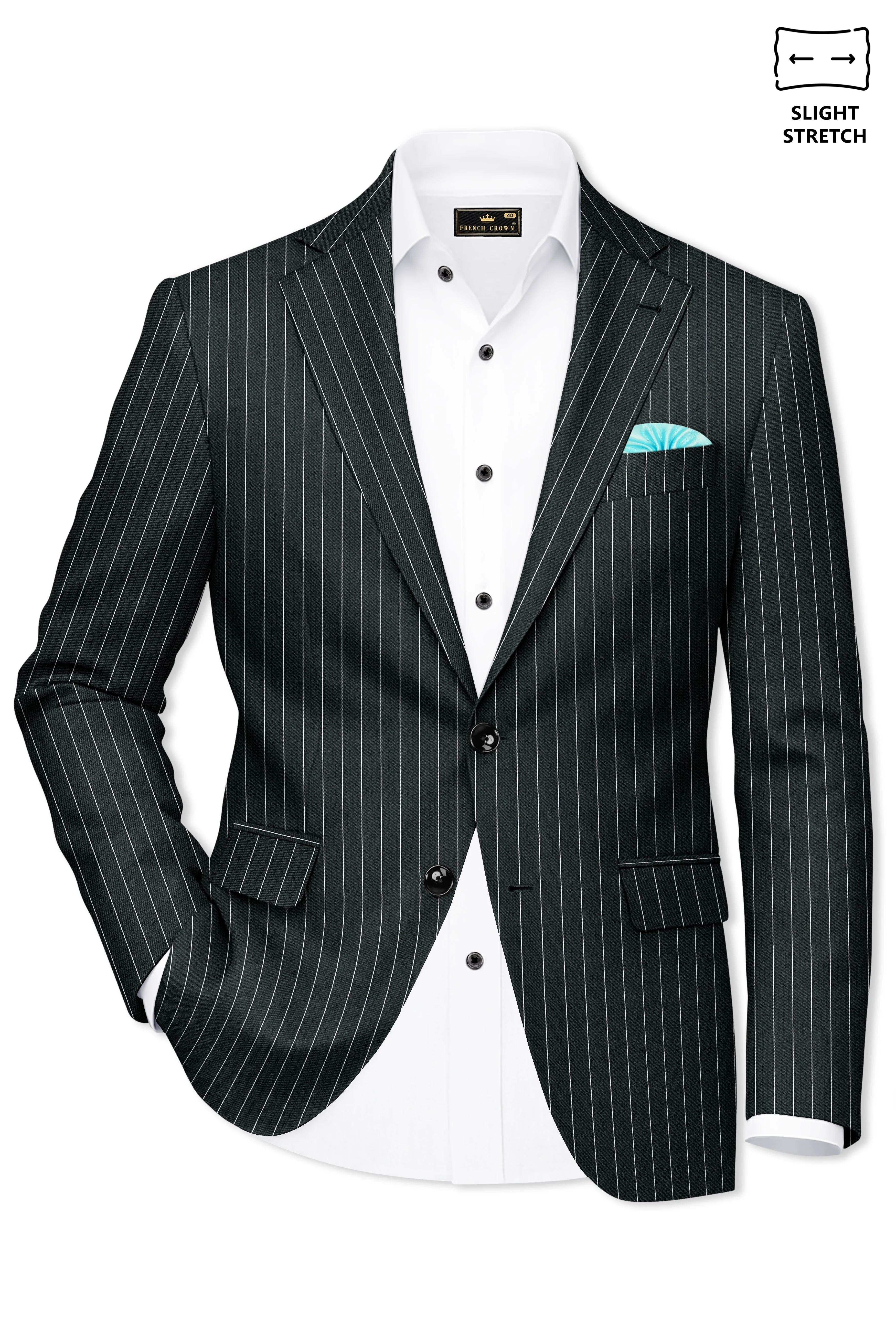 Viceroy-Hunter Green And Bright White Chalk Striped Wool Rich Slight Stretch Single Breasted Blazer sold by French Crown product image thumbnail 2