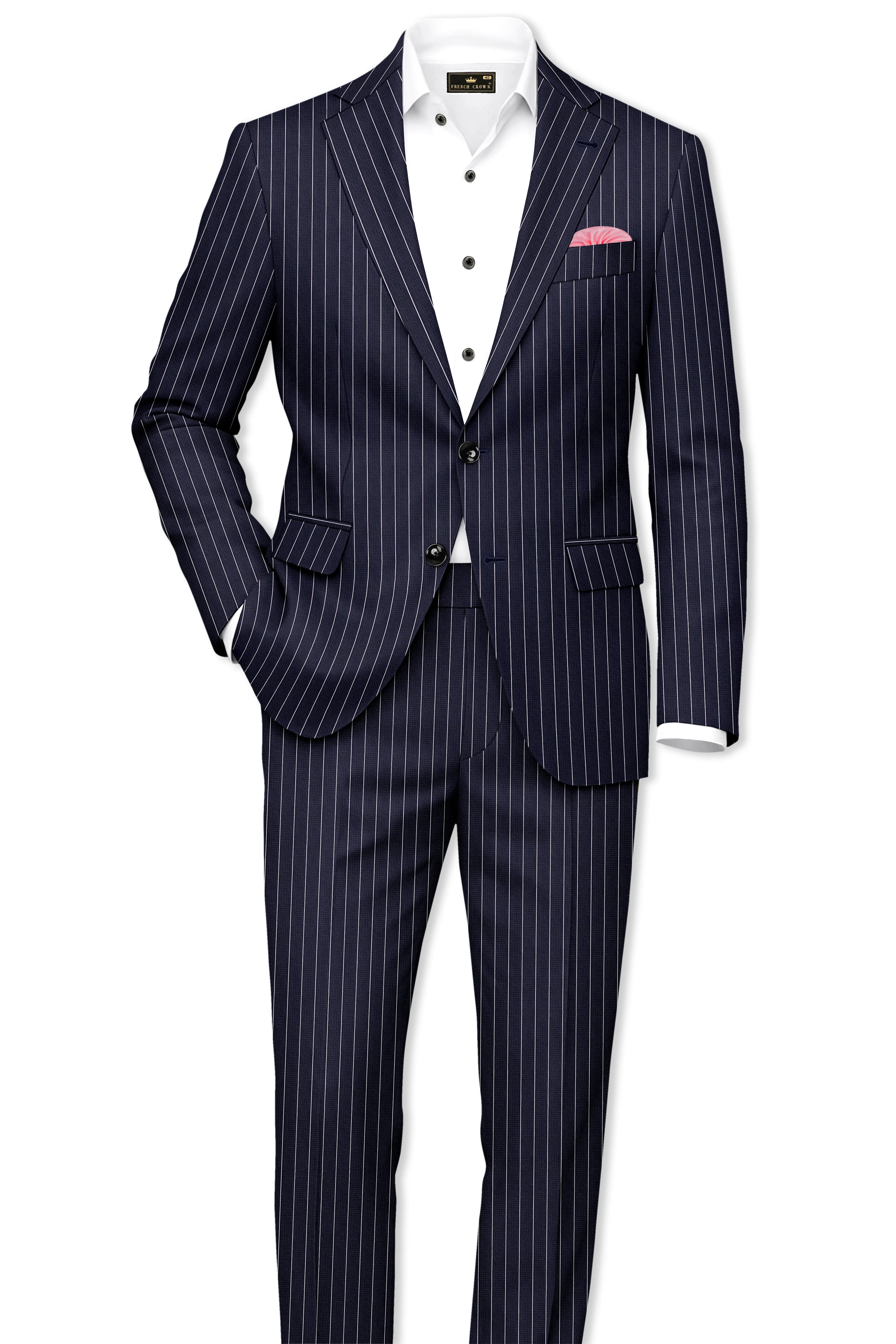 Regent-Ebony Blue And Bright White Chalk Striped Wool Rich Slight Stretch Single Breasted Suit sold by French Crown product image thumbnail 4