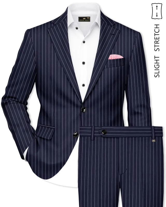 Regent-Ebony Blue And Bright White Chalk Striped Wool Rich Slight Stretch Single Breasted Suit made by French Crown