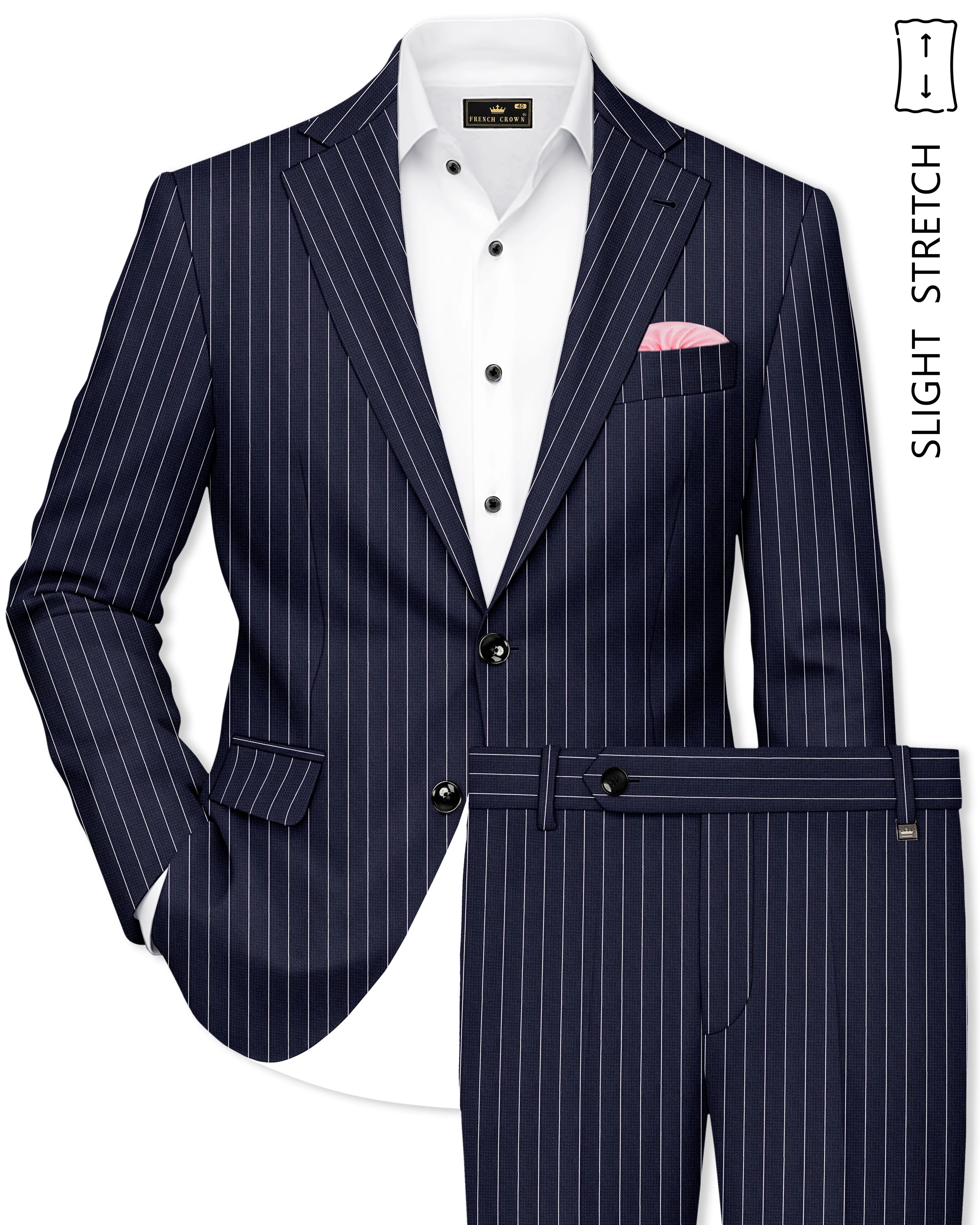 Regent-Ebony Blue And Bright White Chalk Striped Wool Rich Slight Stretch Single Breasted Suit sold by French Crown