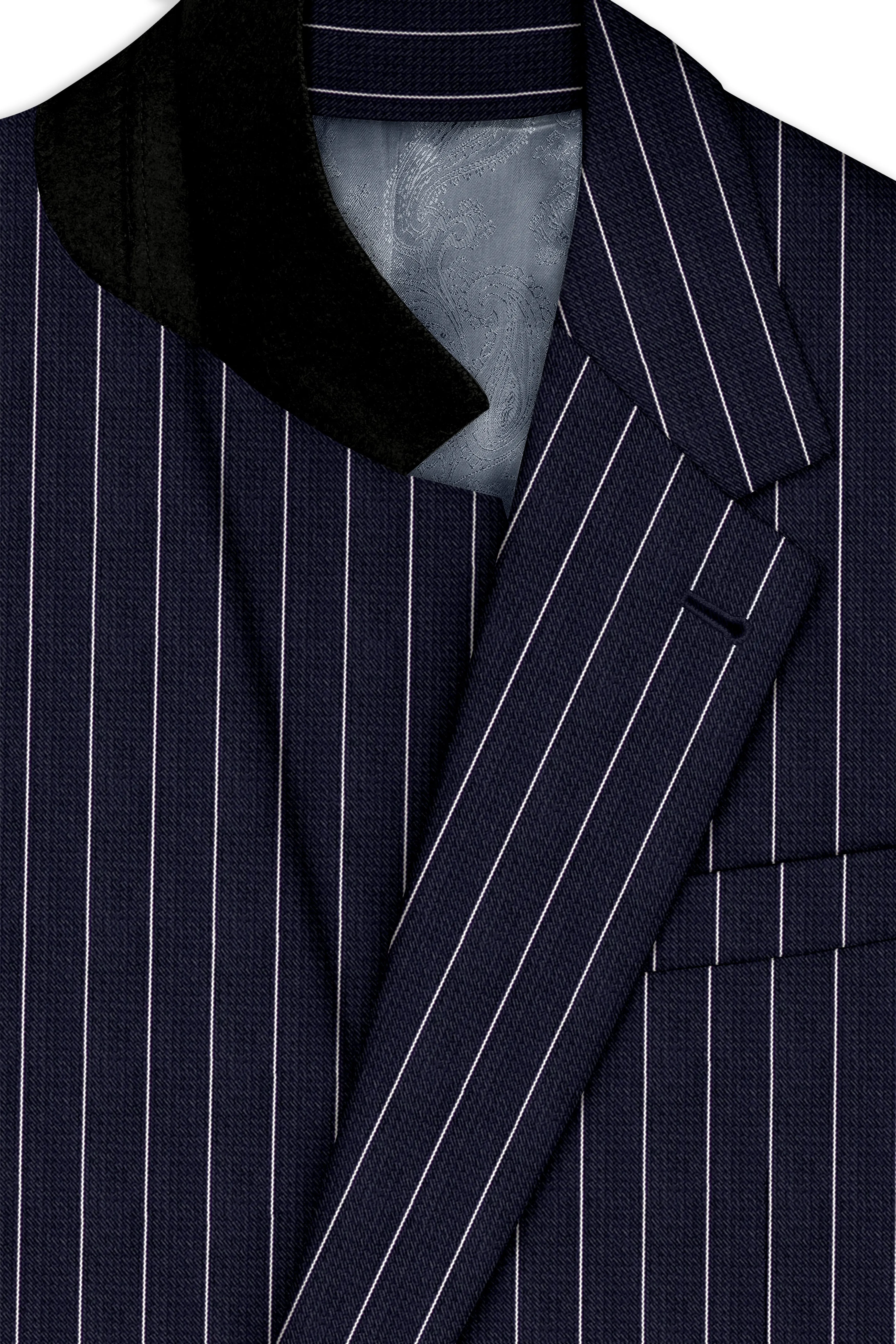 Regent-Ebony Blue And Bright White Chalk Striped Wool Rich Slight Stretch Single Breasted Suit sold by French Crown product image thumbnail 5